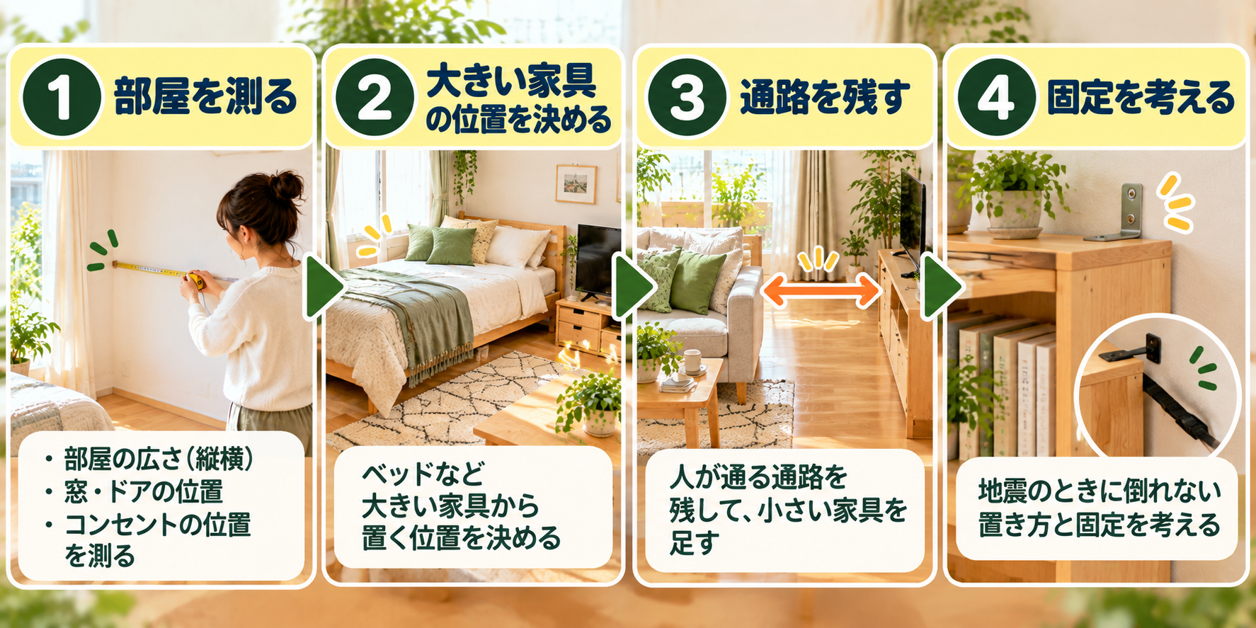 6畳のレイアウトを決める4つの順番を示した図