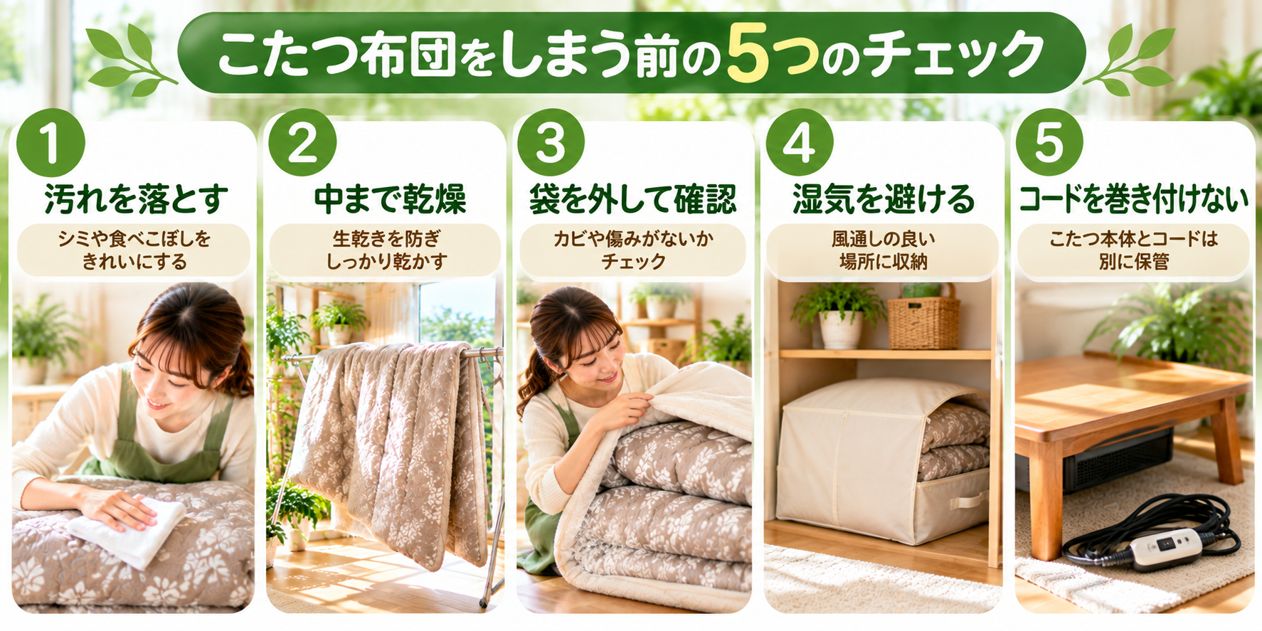 こたつ布団とこたつをしまう前の確認を示した図