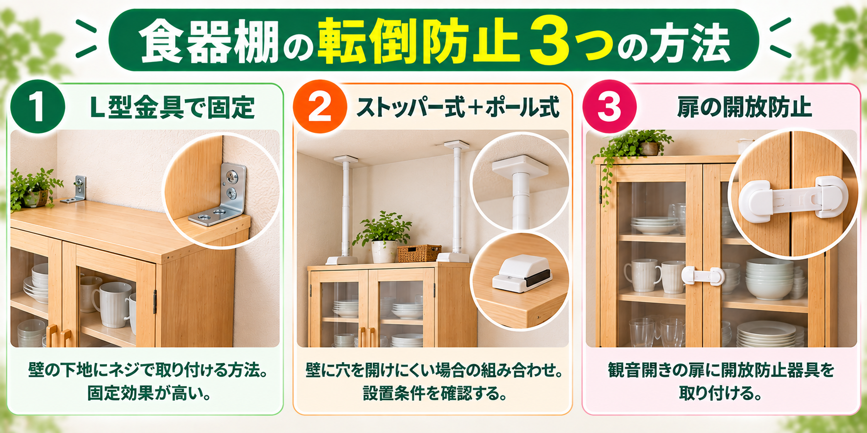 一人暮らしの部屋で食器棚を倒れないようにする方法を示した図