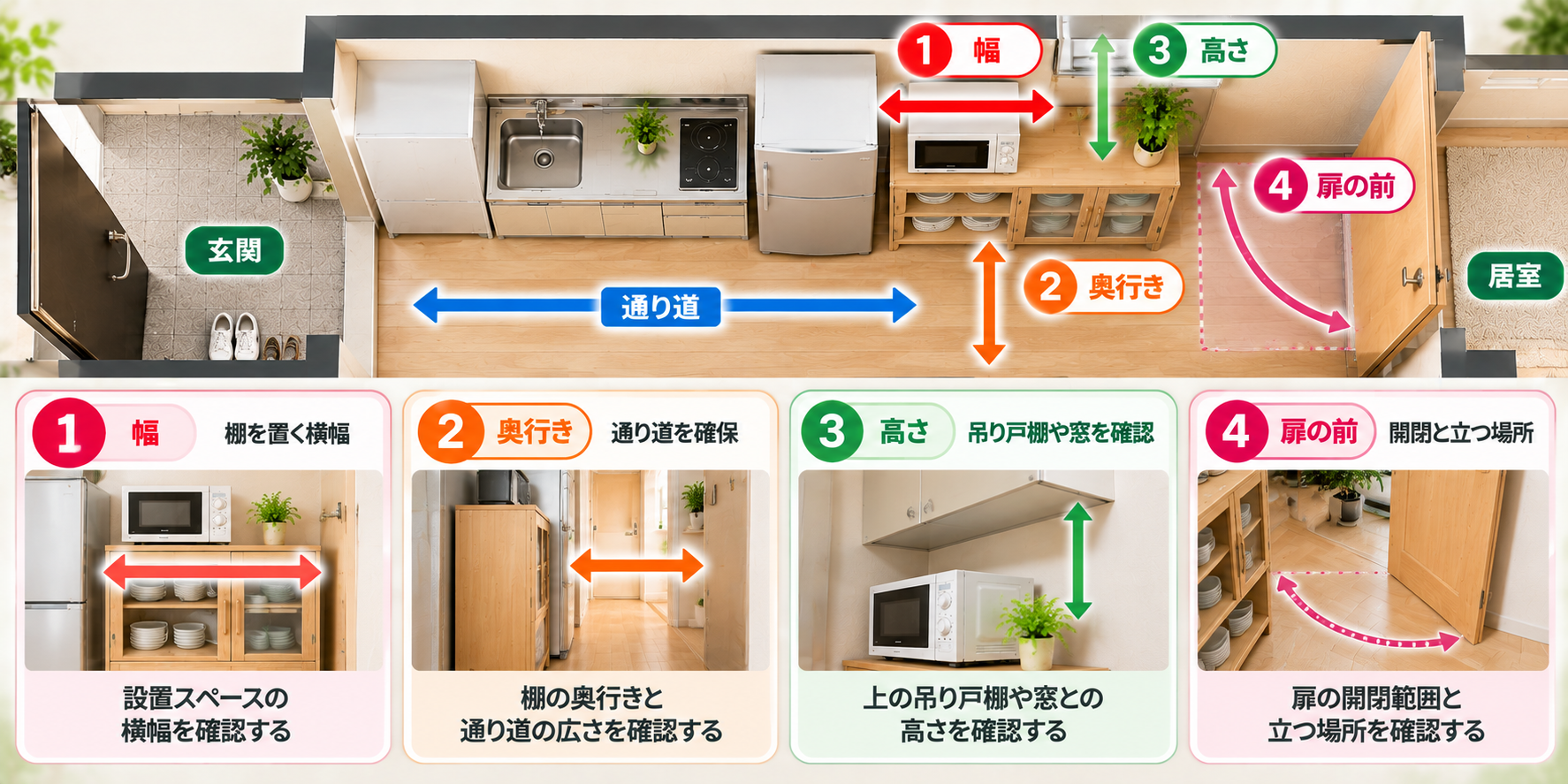 1Kのキッチンで食器棚を置く前に測るところを示した図