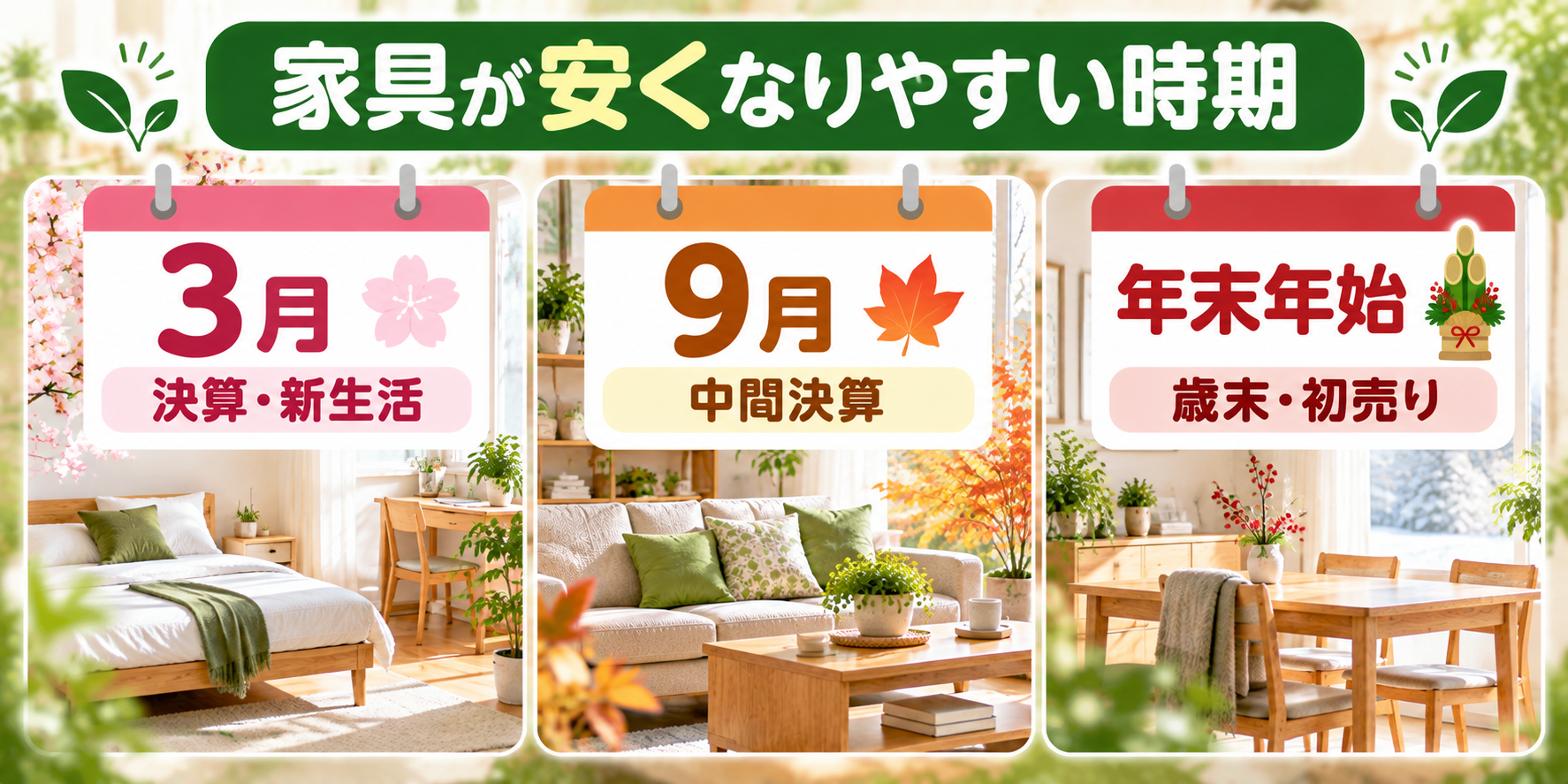 家具が安くなりやすい時期と主なセールを示した図
