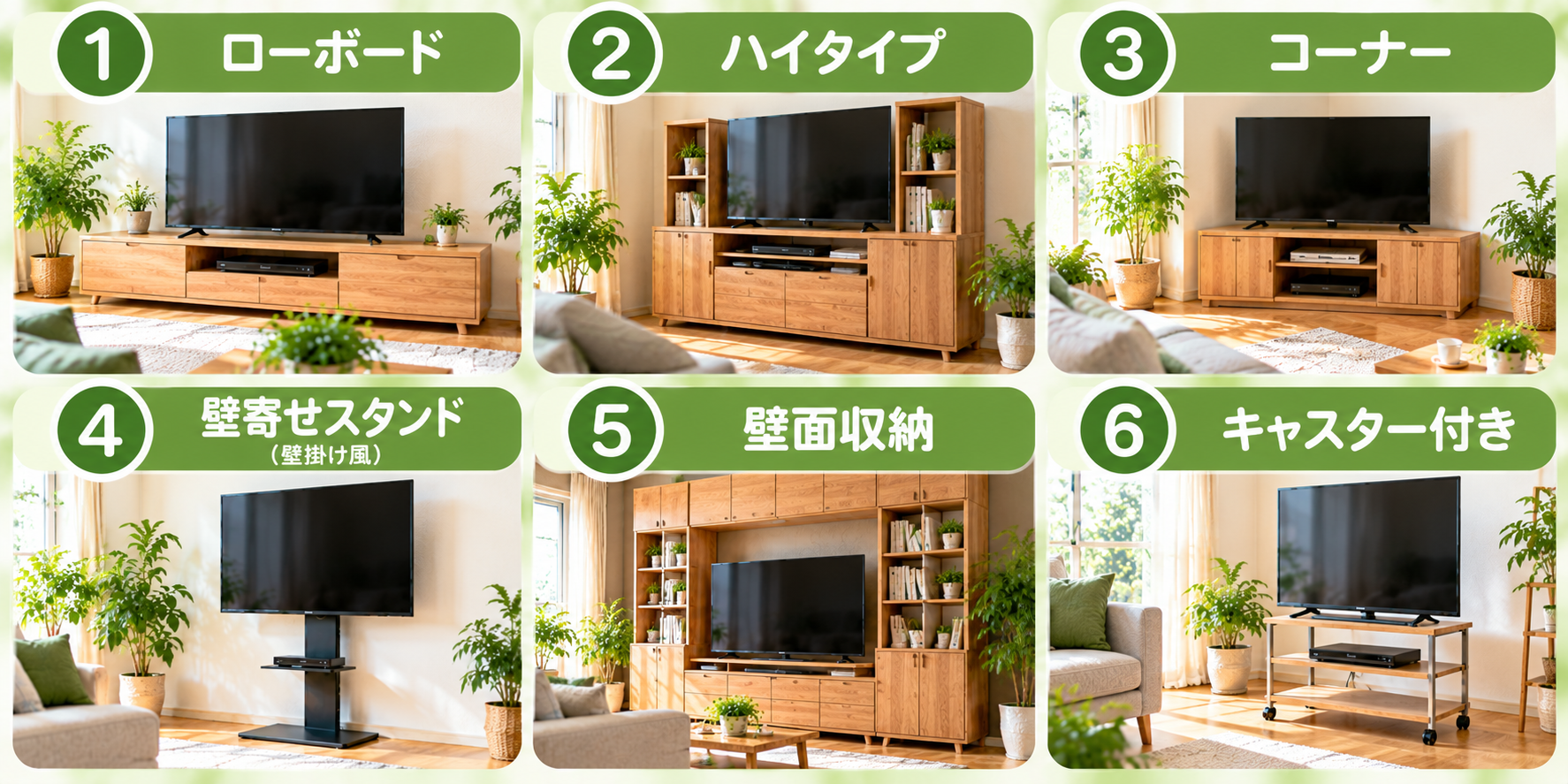 テレビ台の6つのタイプの違いを示した図