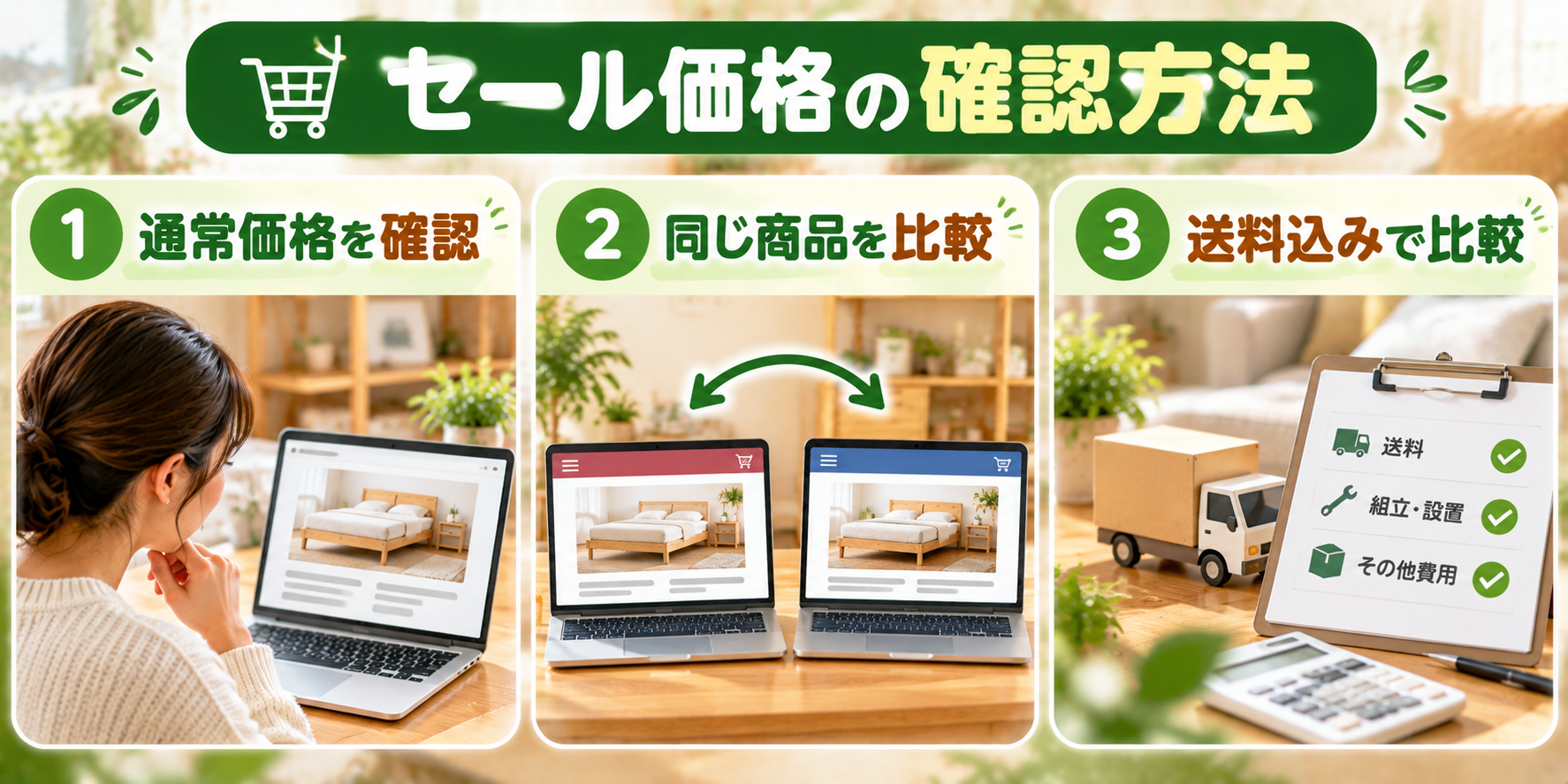 セールの通常価格と販売価格を確認し送料を含めて比べる手順の図