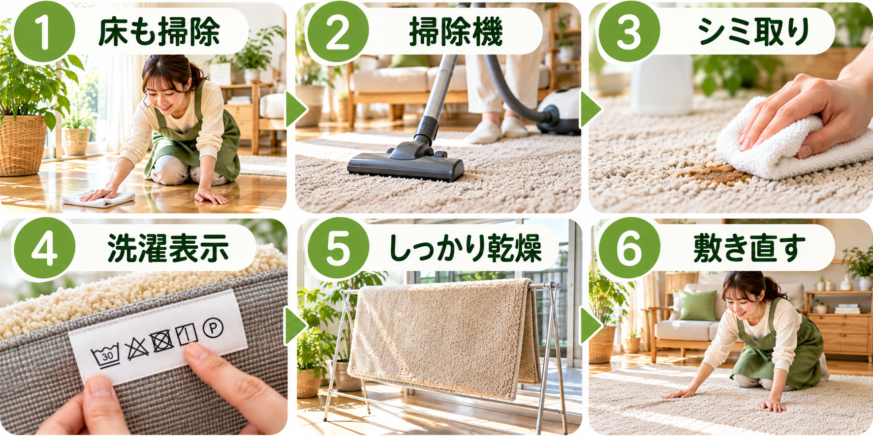 年末の大掃除でラグ・カーペットを手入れする順番を示した図