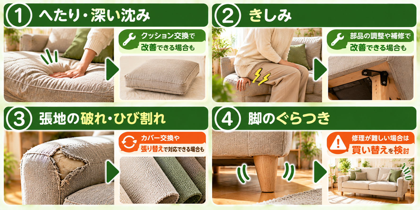 ソファの買い替えのサインと直せるかどうかを示した図