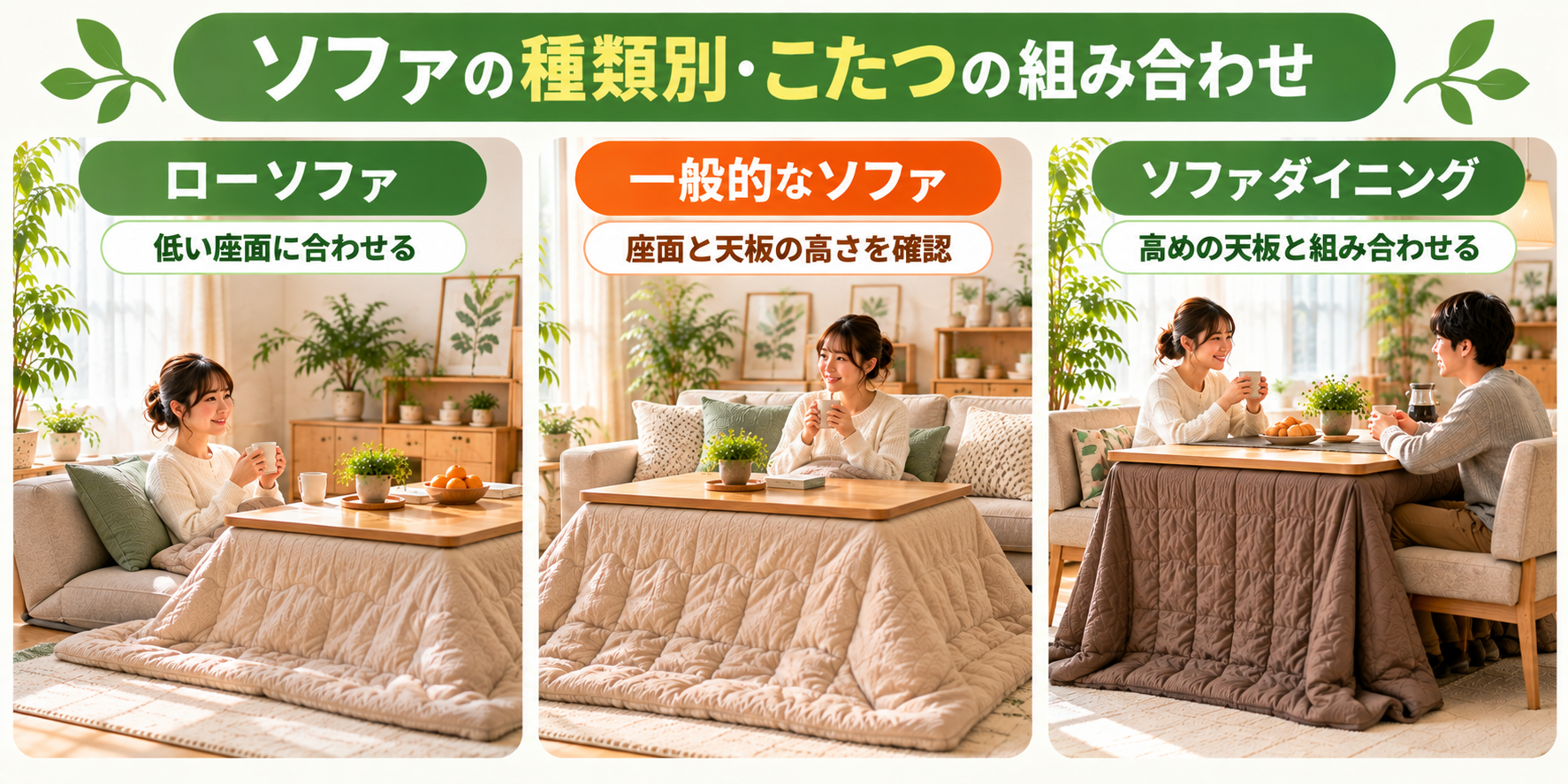ローソファ・一般的なソファ・ダイニングソファとこたつの高さの組み合わせを比較した図