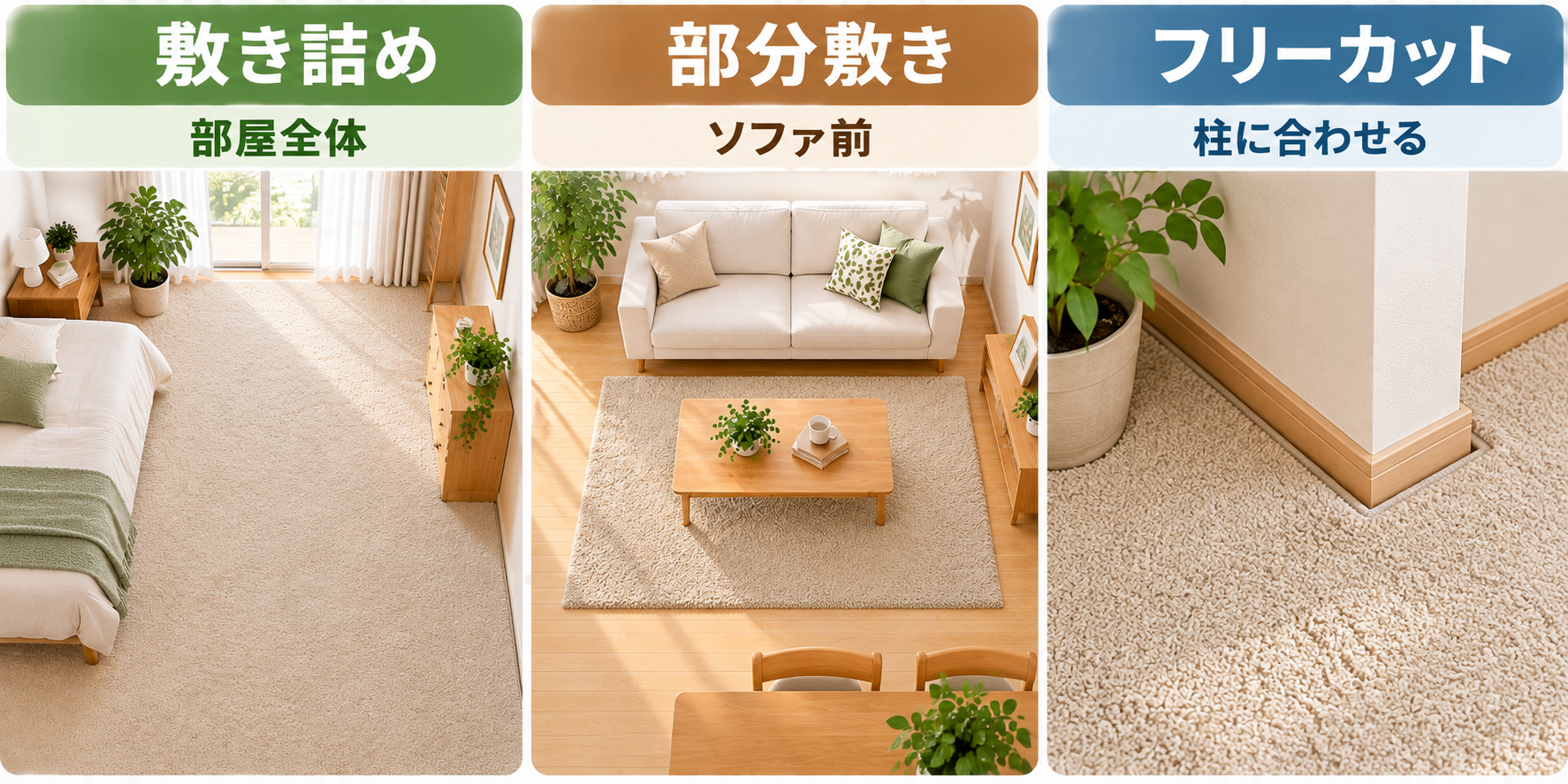 カーペットの敷き詰め・部分敷き・フリーカットの3つの敷き方を比較した図