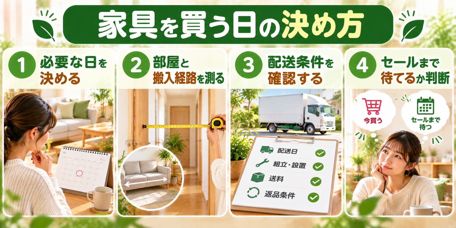 家具が必要な日から逆算して購入時期を決める4つの手順を示した図
