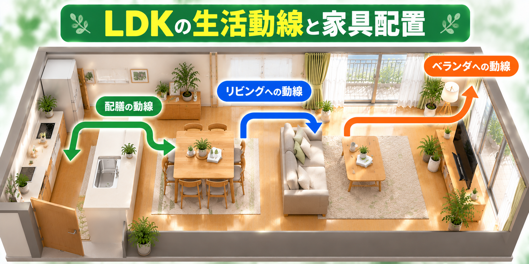 キッチンからダイニング・リビング・ベランダへの生活動線を示したLDKのレイアウト図