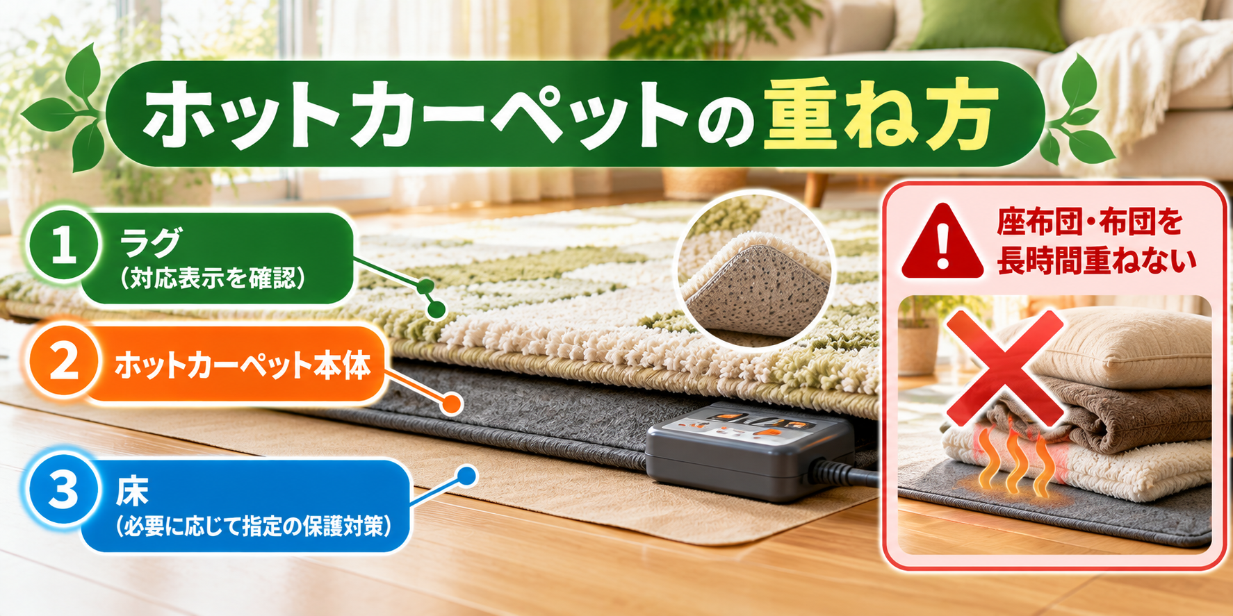 ホットカーペットの上に敷くラグと下に敷くものの注意を示した図