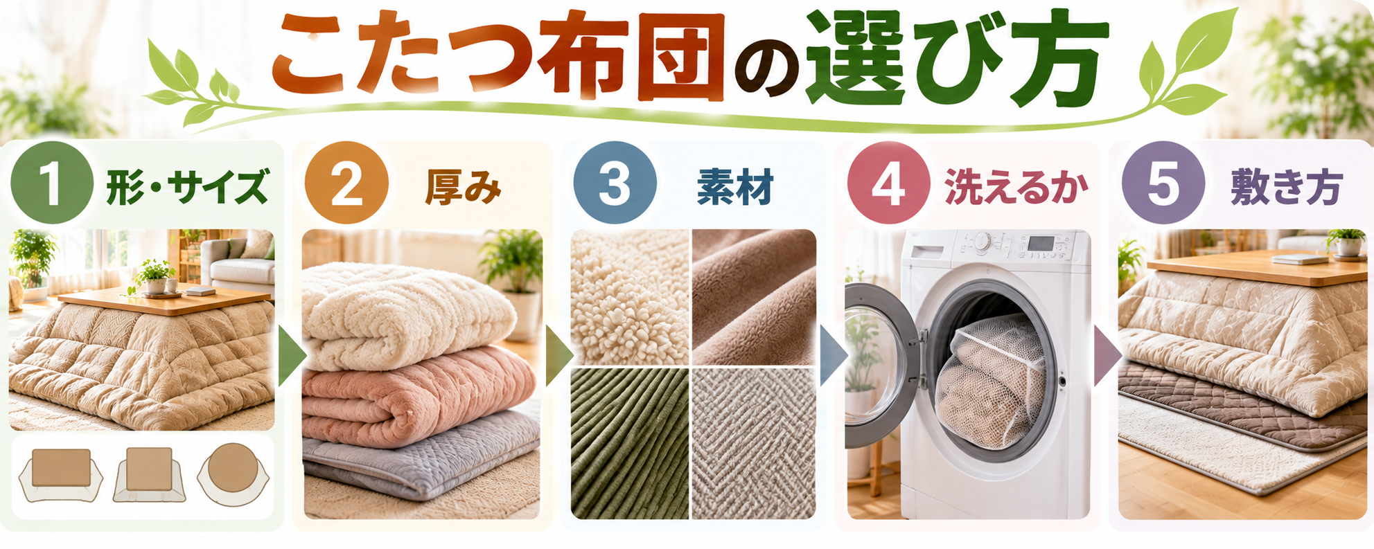 こたつ布団の選び方を形・サイズ、厚み、素材、洗濯、敷き方の順番で示した図