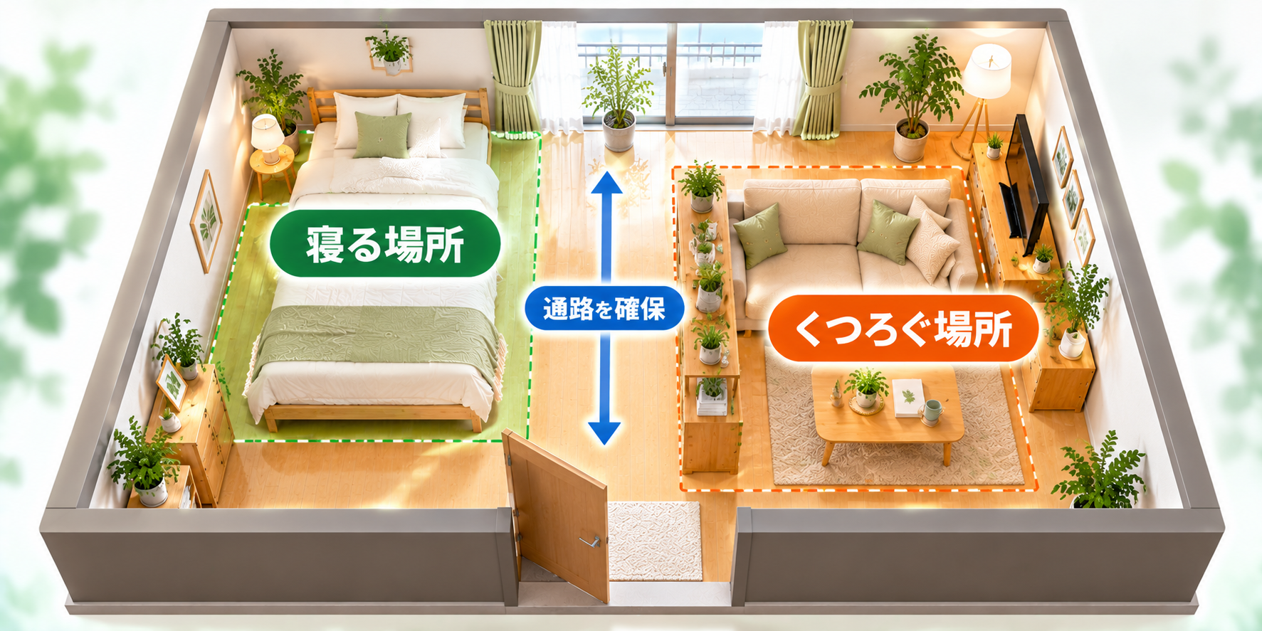 8畳の部屋で寝る場所とくつろぐ場所をラグや低い家具で分けたレイアウト図