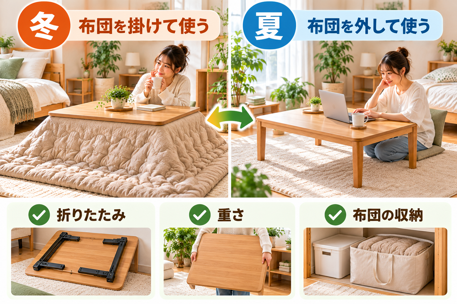 一人暮らしのこたつの冬と夏の使い方としまう前のチェックを示した図