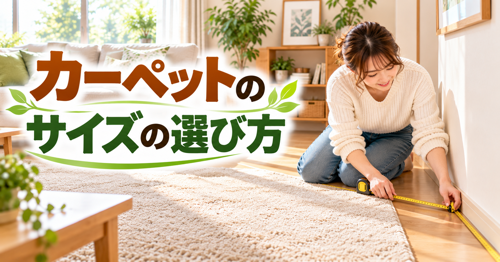 明るい部屋でカーペットを敷くために床の幅を測る女性