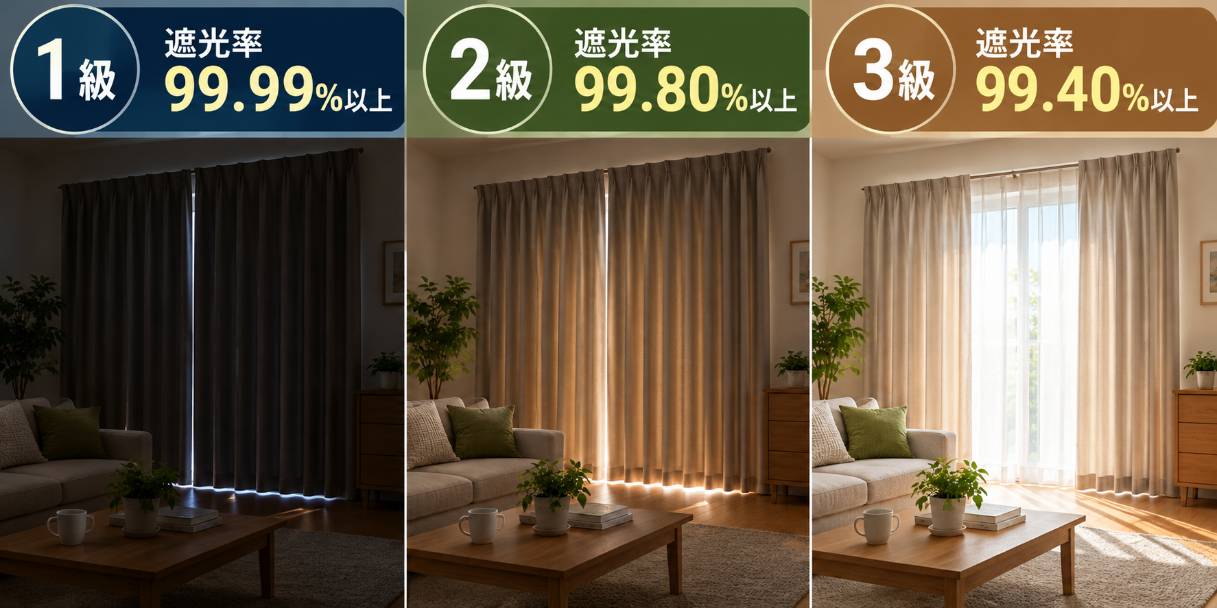 遮光カーテンの1級・2級・3級の遮光率と室内の明るさの違いを比較した図の画像を作って