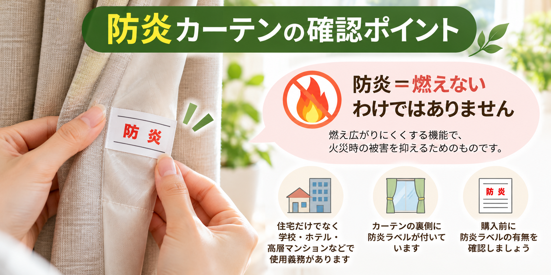 防炎カーテンの防炎ラベルを確認する様子と防炎機能の注意点
