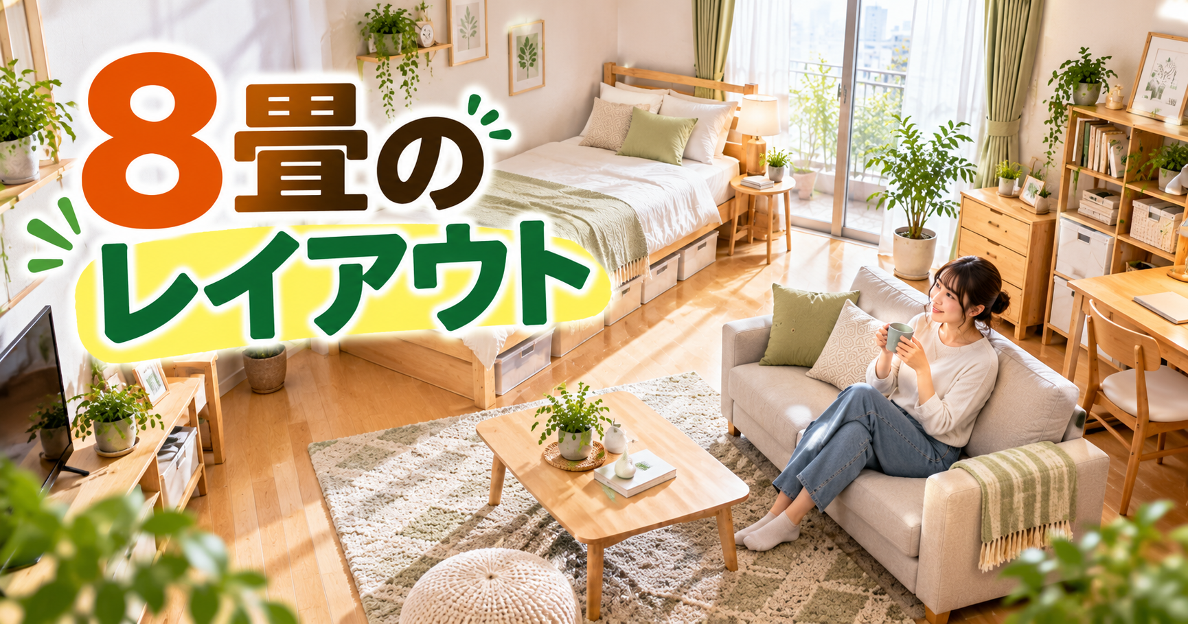 8畳の部屋にベッドとソファを配置したレイアウト例