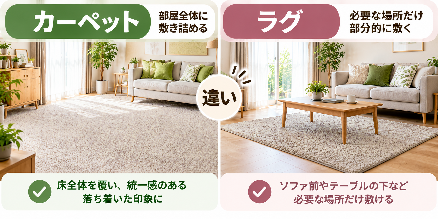 部屋の床を広く覆うカーペットとソファ前に部分敷きするラグの違いを比較した図