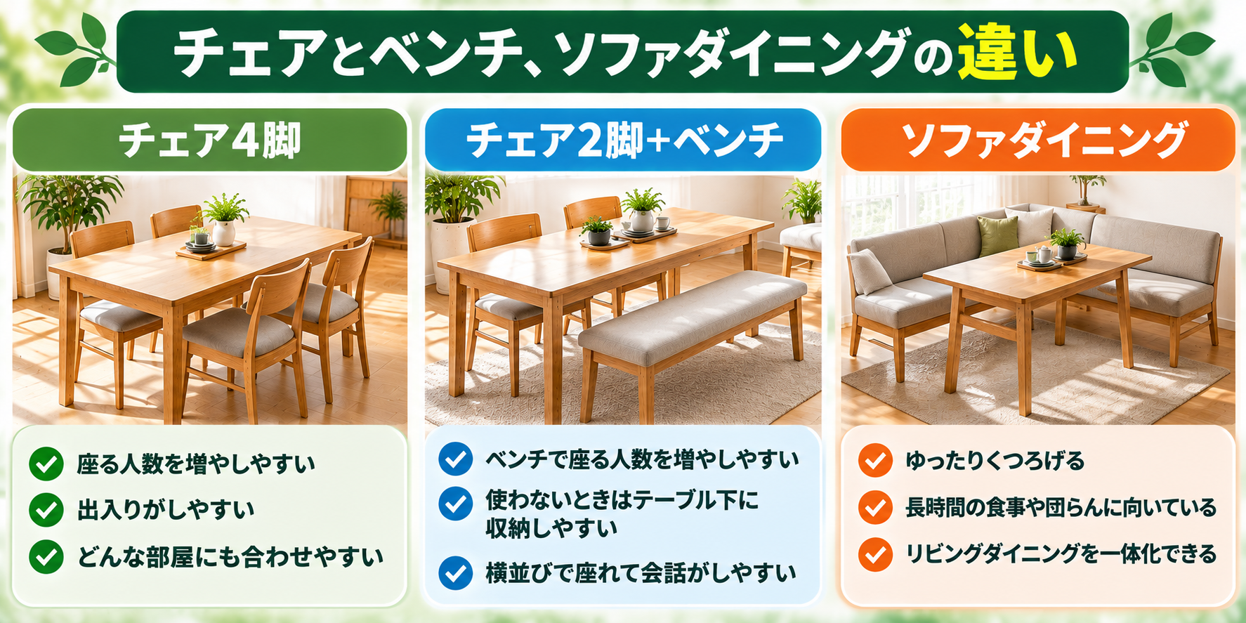 チェア4脚とチェア2脚+ベンチ、ソファダイニングの違いを示した図