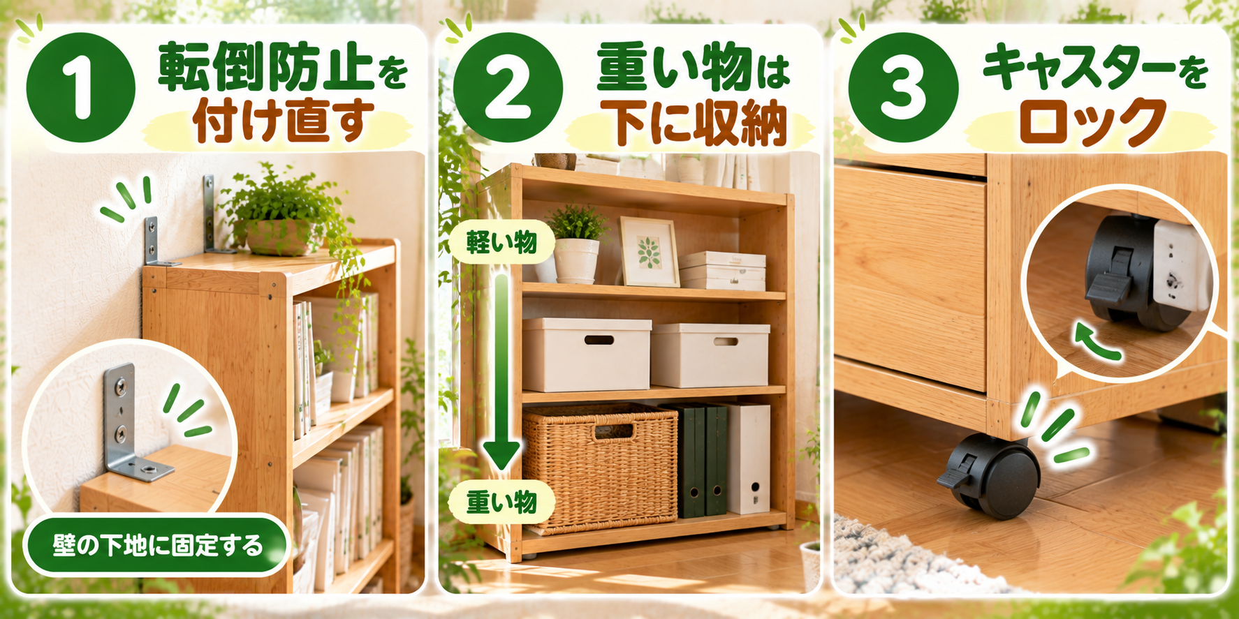 模様替えのあとに家具の転倒防止をやり直す方法を示した図