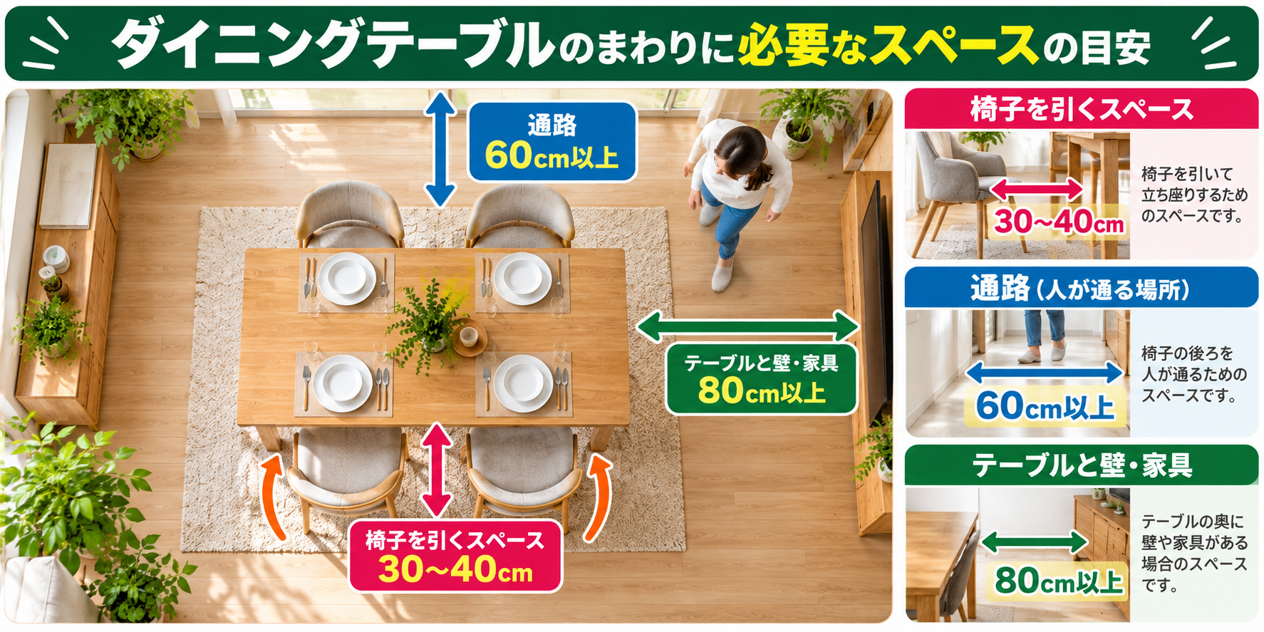 ダイニングテーブルの椅子を引くスペースと後ろの通路を示した図