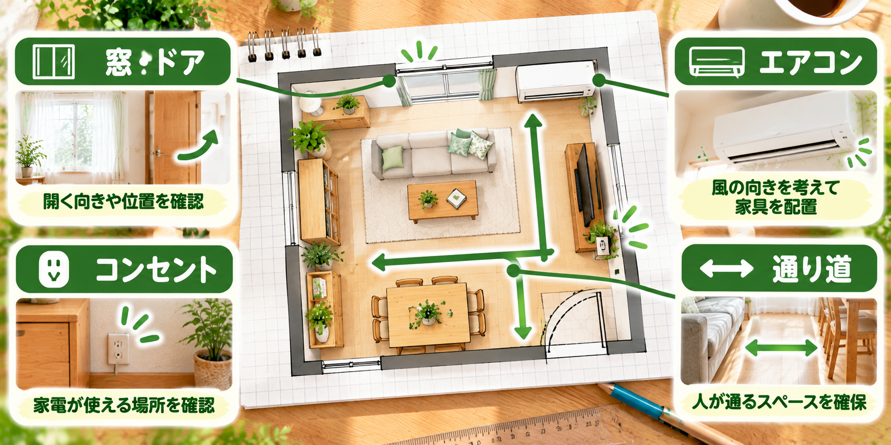 模様替えの前に部屋を測って間取り図に描く方法を示した図