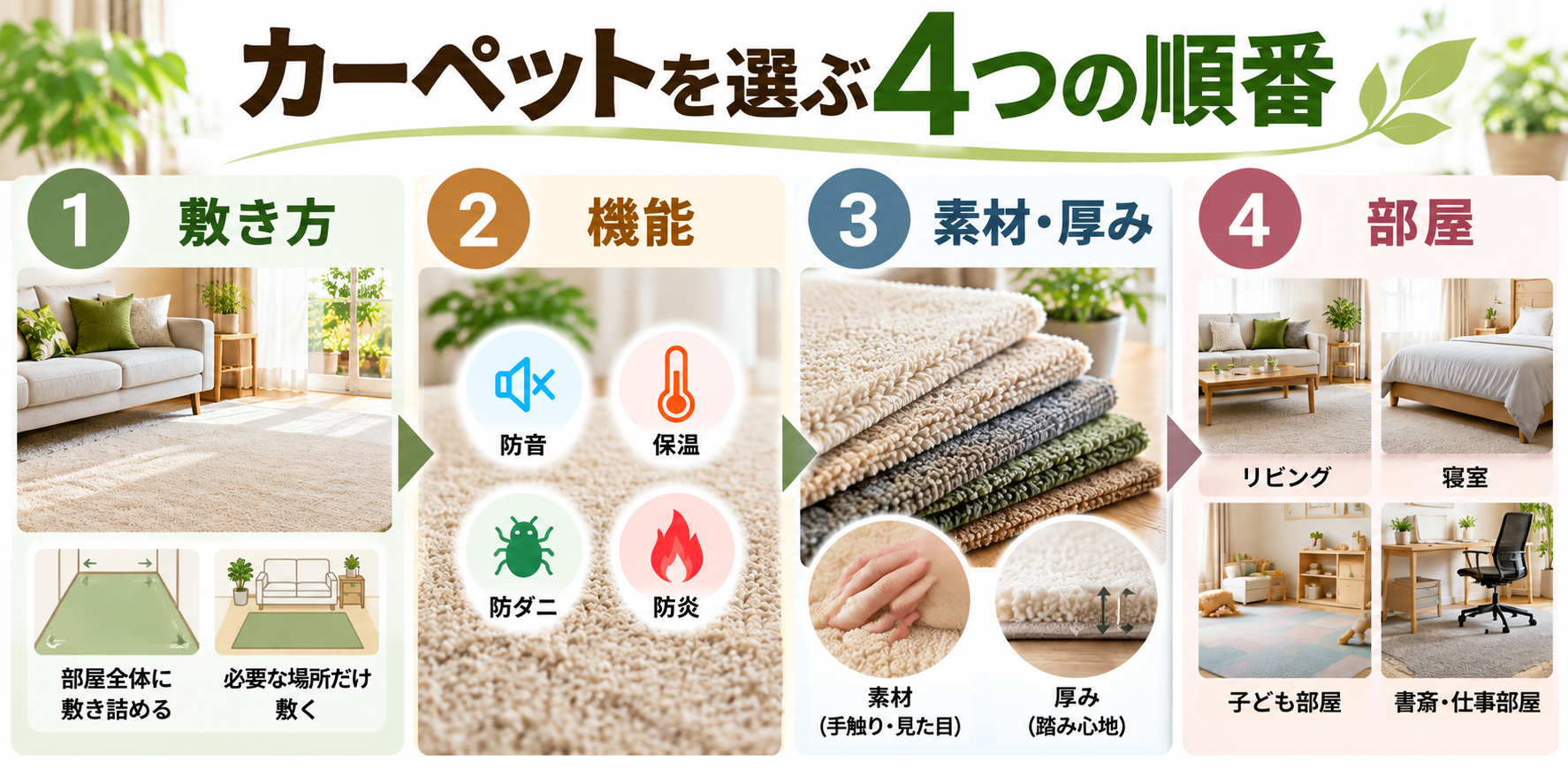 カーペット選びの4つの順番を敷き方・機能・素材と厚み・部屋で示した図