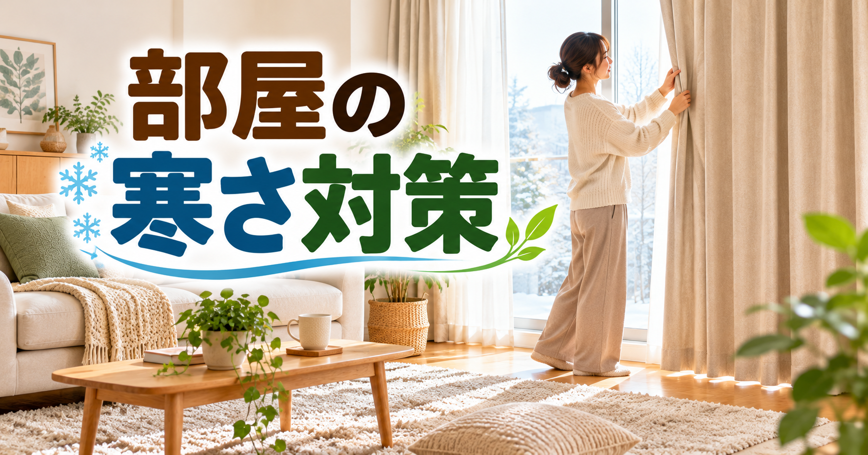 冬のリビングでカーテンとラグを使って部屋の寒さ対策をする女性