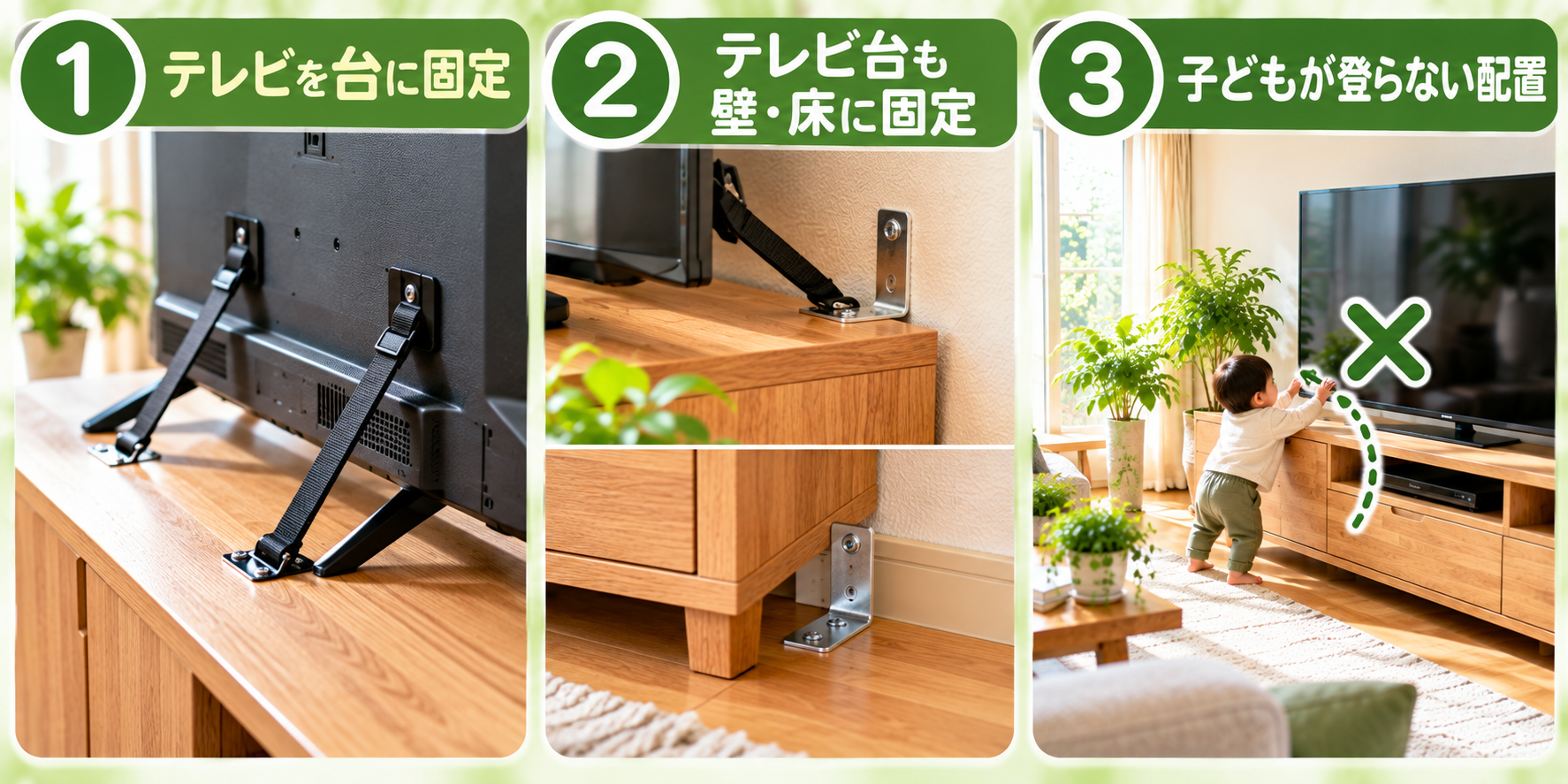テレビとテレビ台を固定して転倒を防ぐ方法を示した図