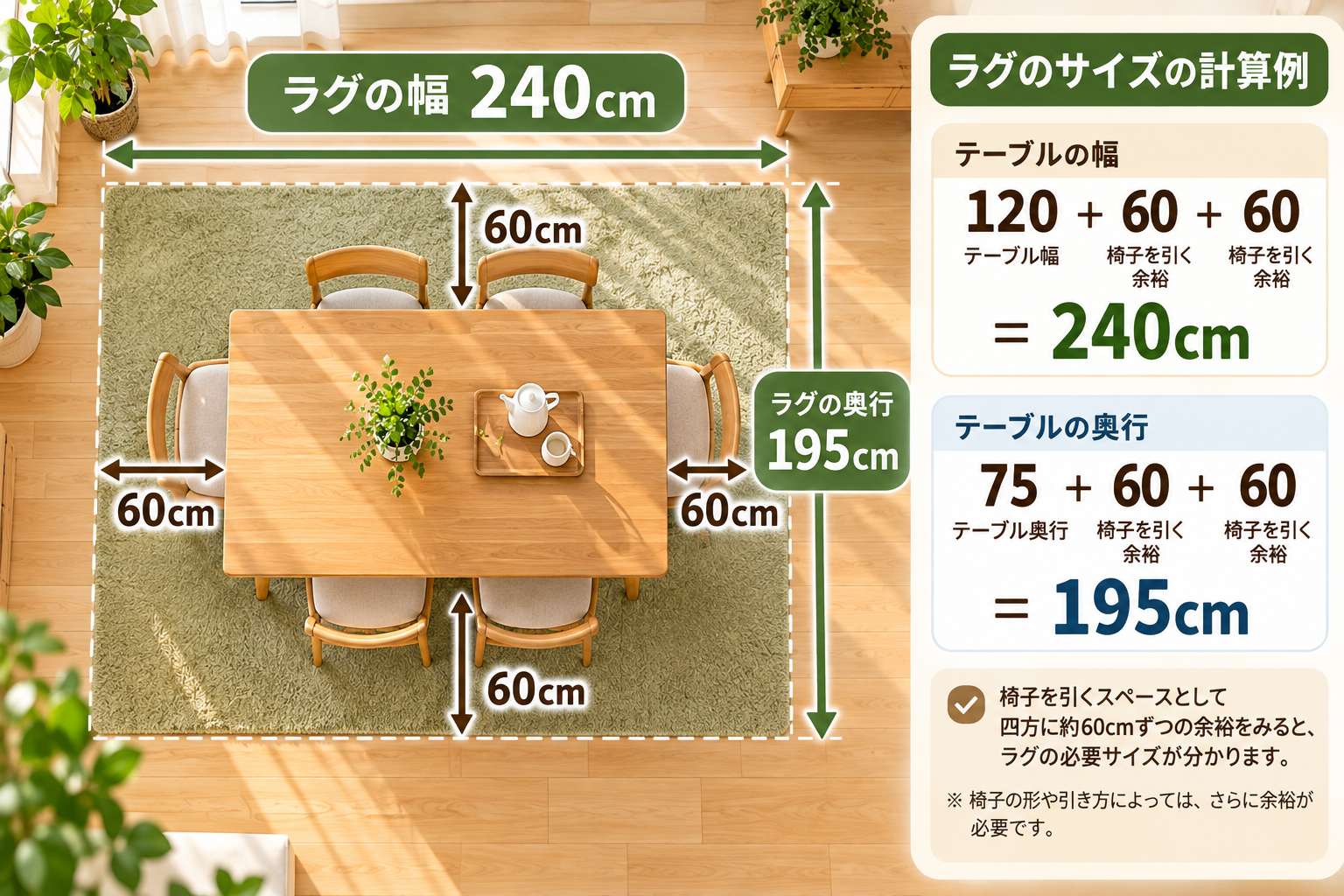 ダイニングテーブルの周囲に椅子を引くための余裕寸法を示した図