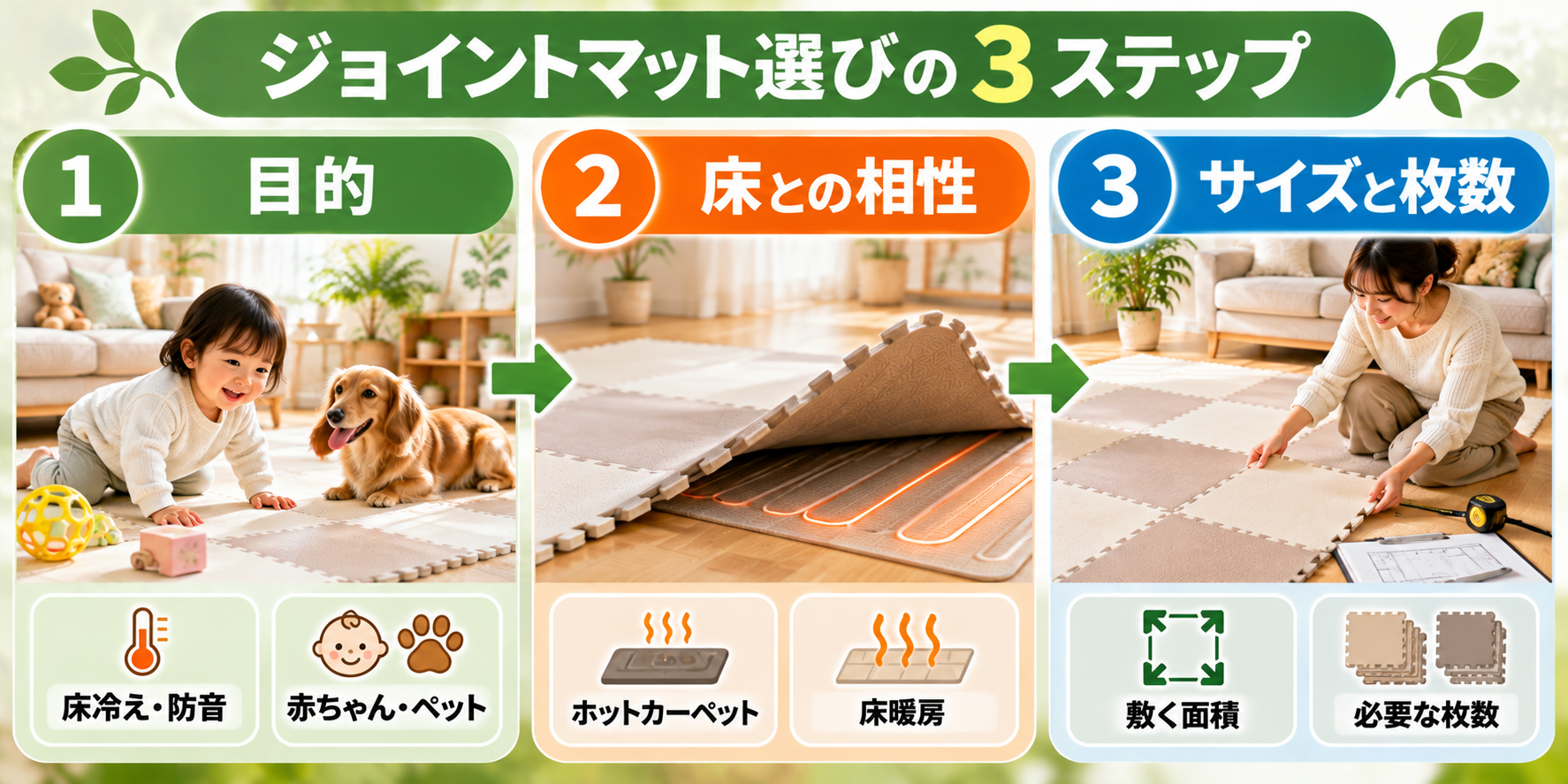 ジョイントマットを選ぶ3つの順番を示した図