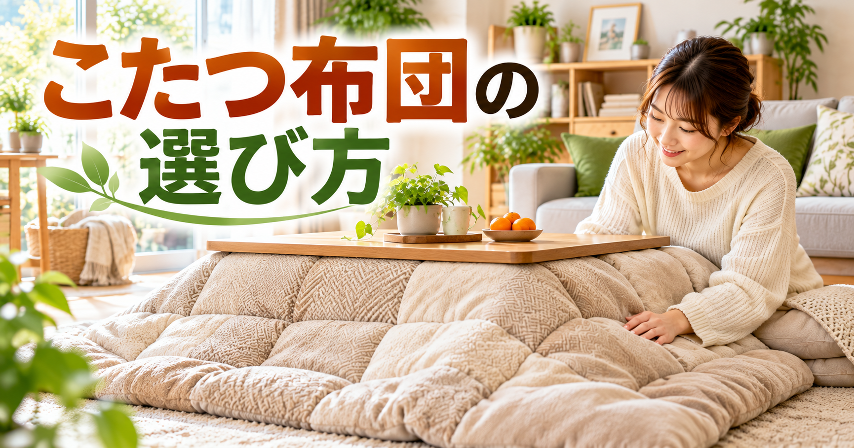 こたつ布団の選び方を考える女性と、暖かみのあるリビングのこたつ