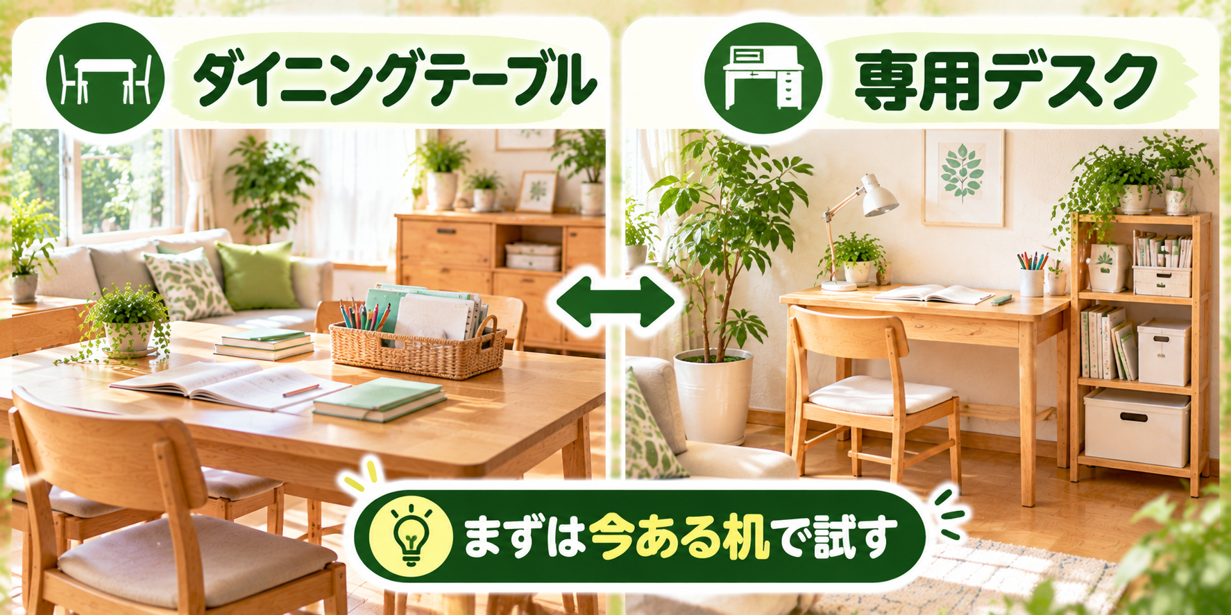 リビング学習でダイニングテーブルと専用デスクを使う違いを示した図