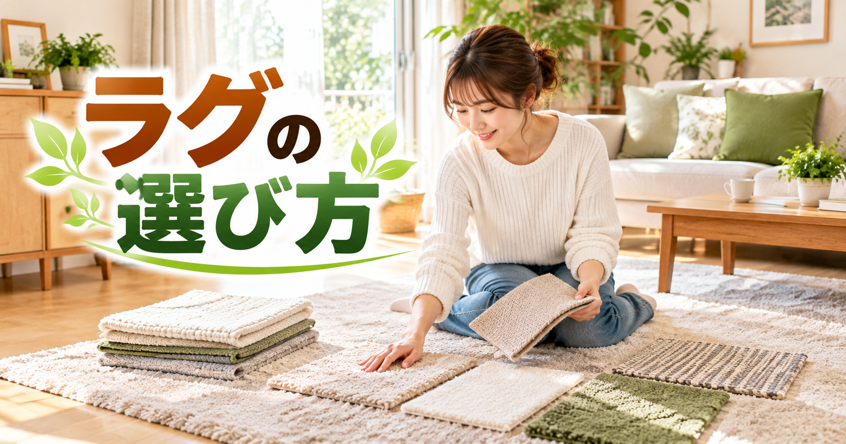 ラグの素材や色を比較する女性と明るいリビング