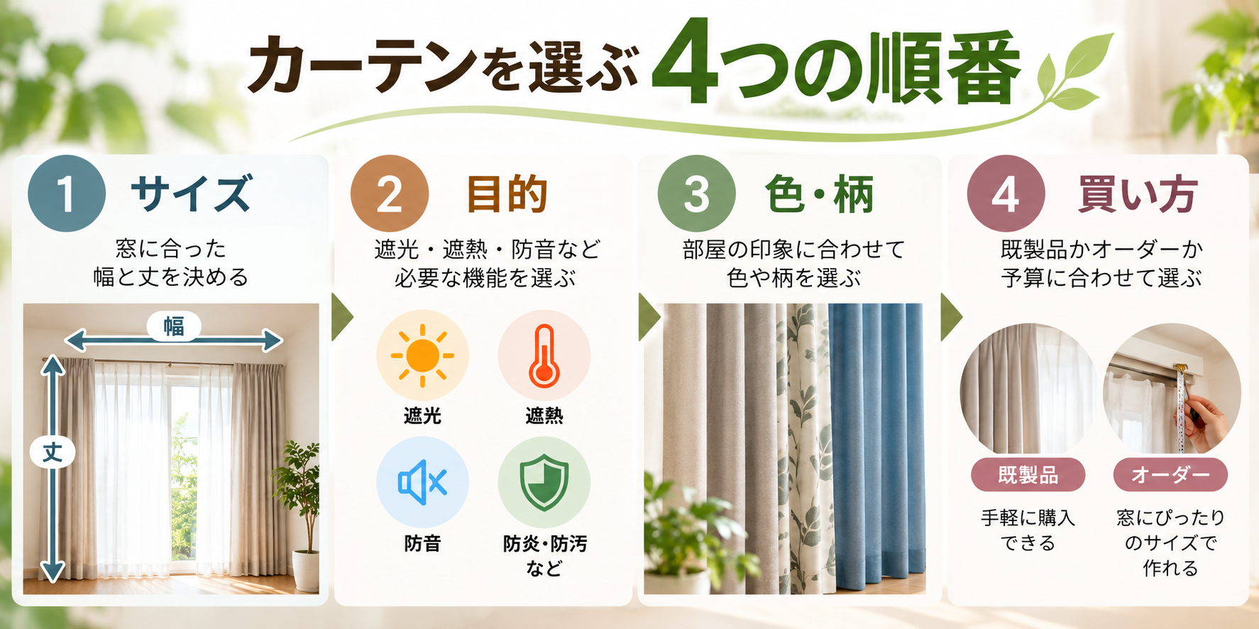カーテン選びの4つの順番をサイズ・目的・色柄・買い方で示した図の画像を作って