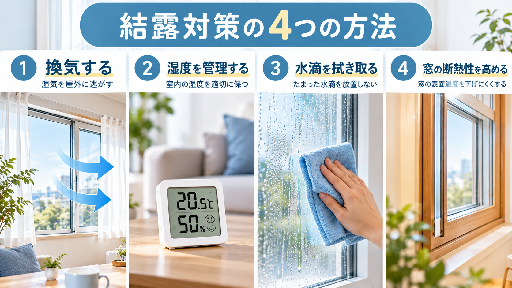 気・湿度管理・水滴の拭き取り・窓の断熱による4つの結露対策 この画像を作って