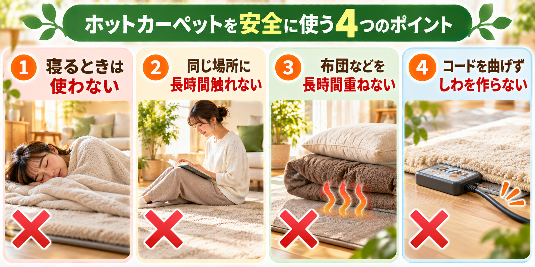 ホットカーペットの低温やけどと火災を防ぐ使い方を示した図