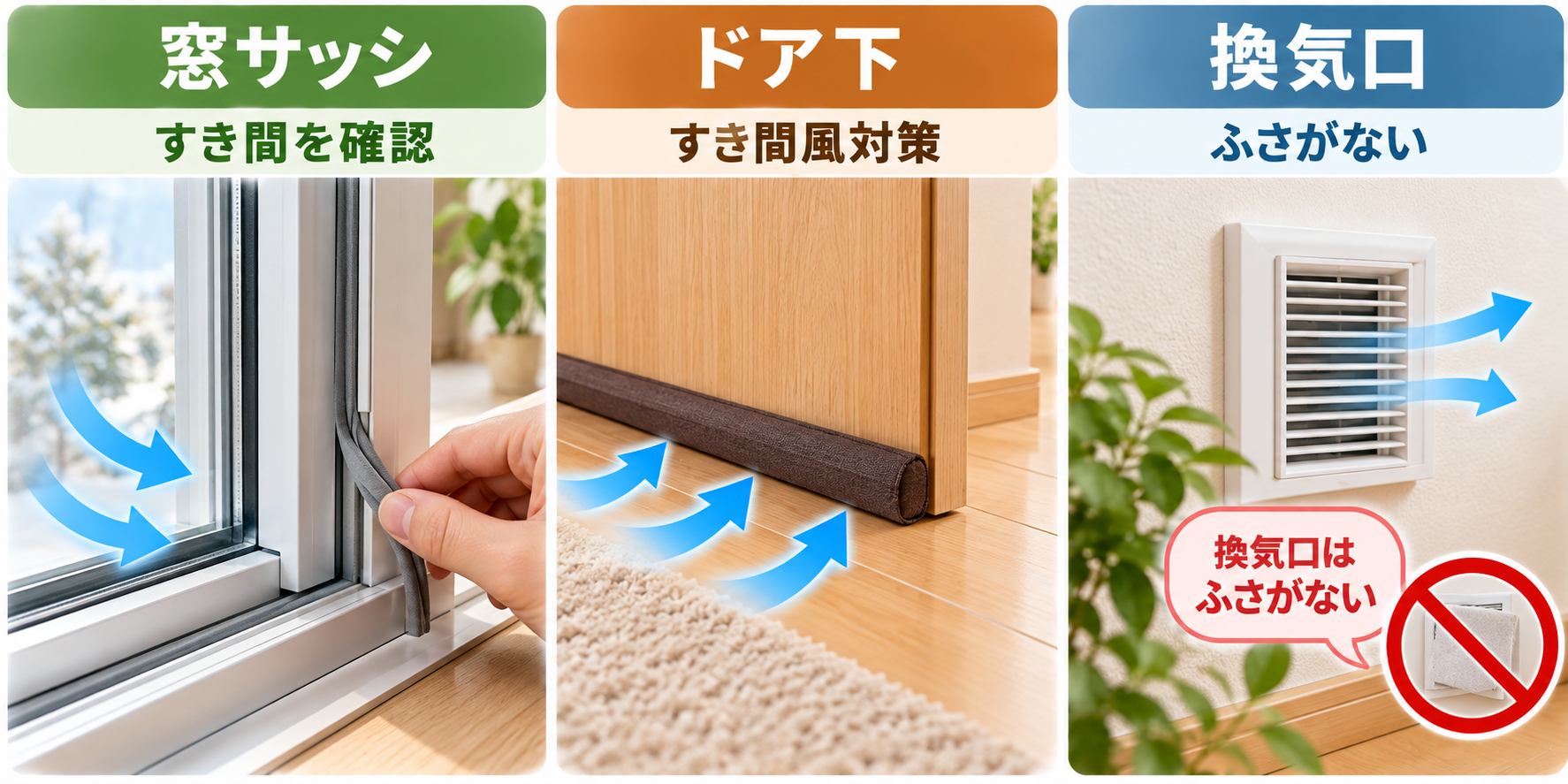 窓サッシとドア下のすき間風対策と換気口をふさがない注意点を示す図