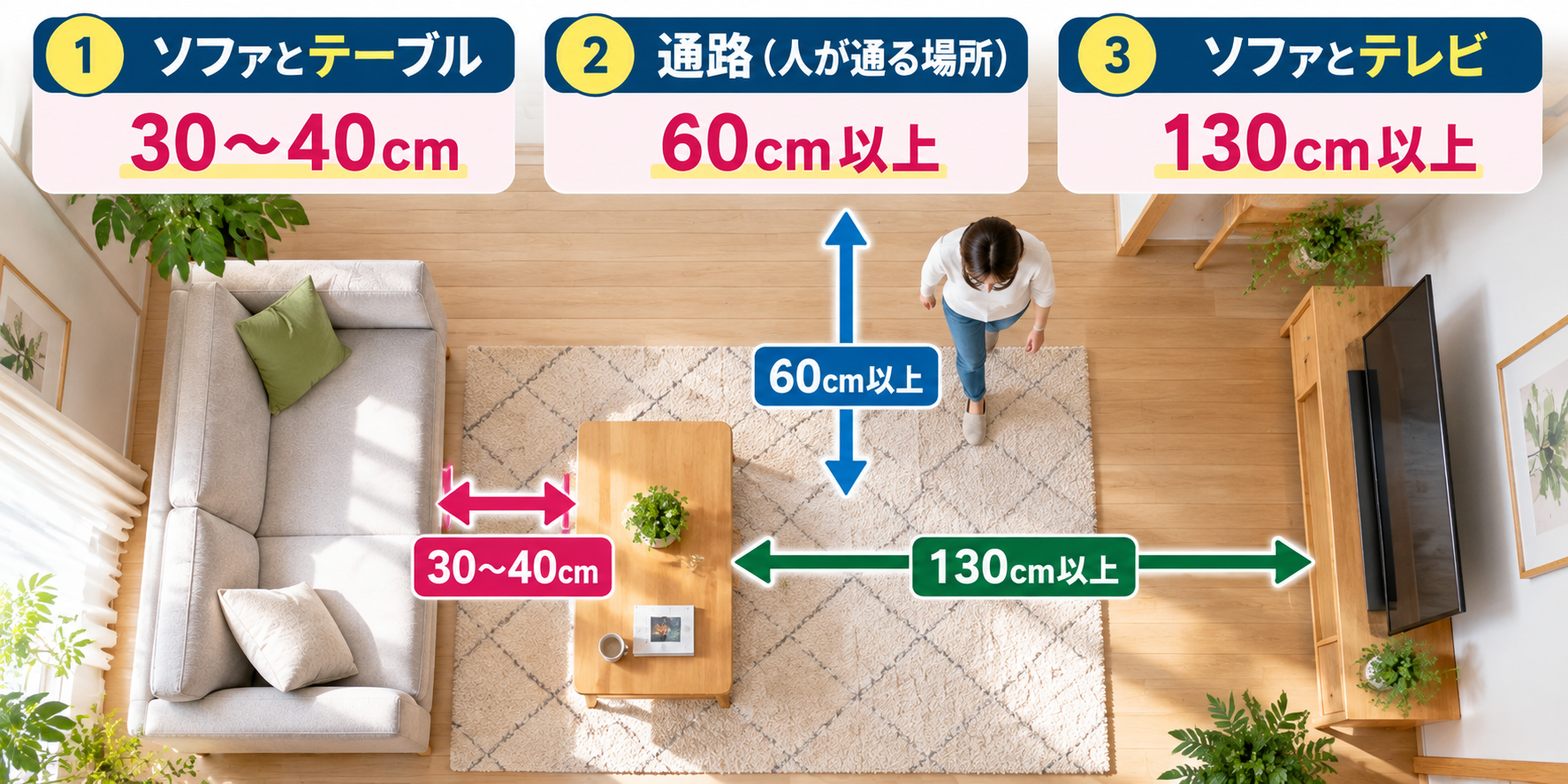 ソファとテーブル・テレビ・通路の距離の目安を示した図