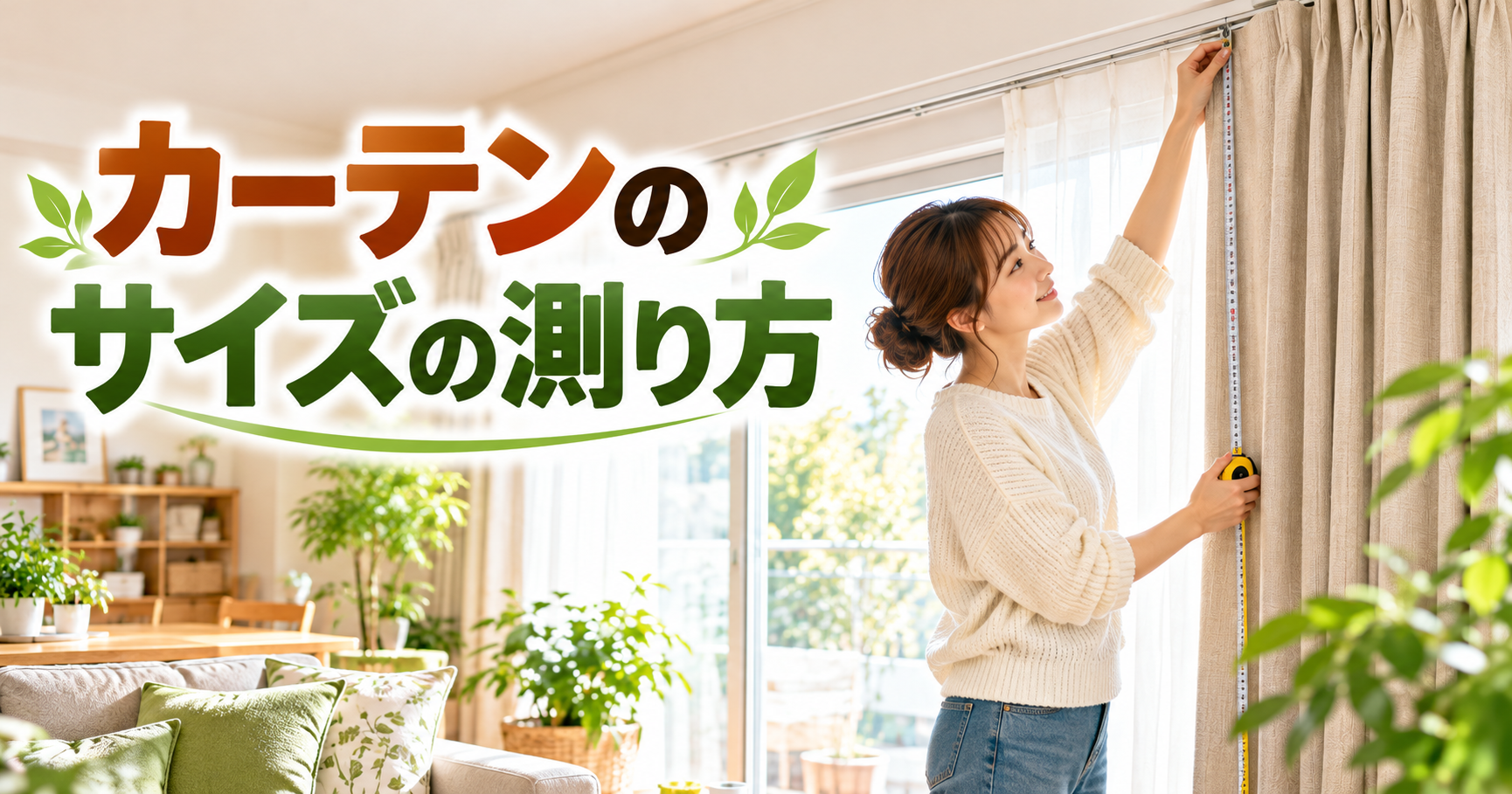 明るいリビングでカーテンの幅と丈を測る女性