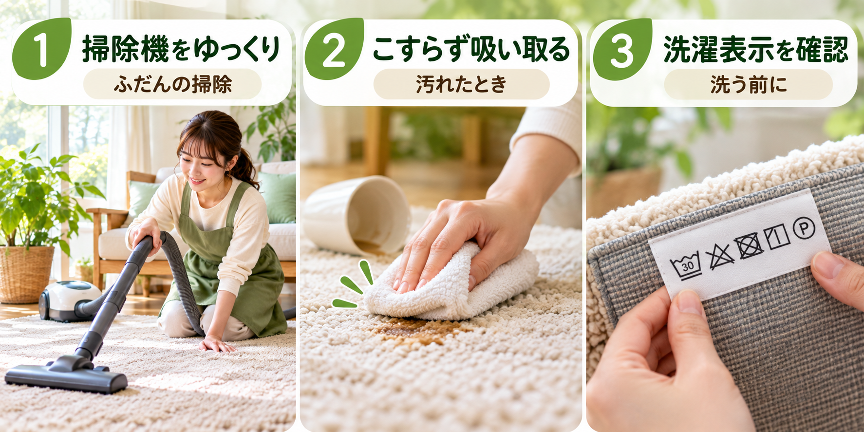 カーペット・ラグの手入れの3つの基本を示した図