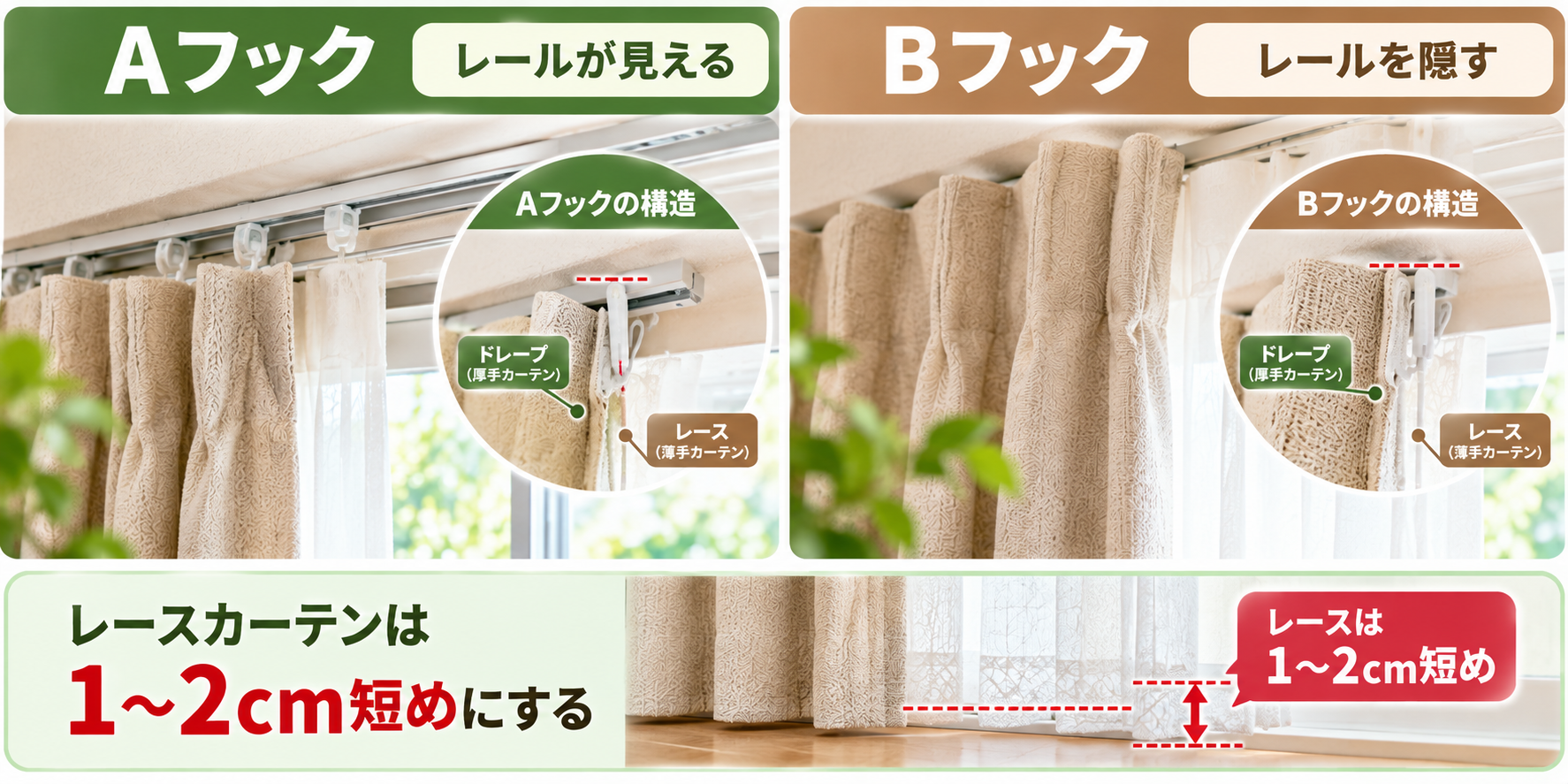 AフックとBフックの吊り位置とドレープ・レースカーテンの丈の違いを示した比較図