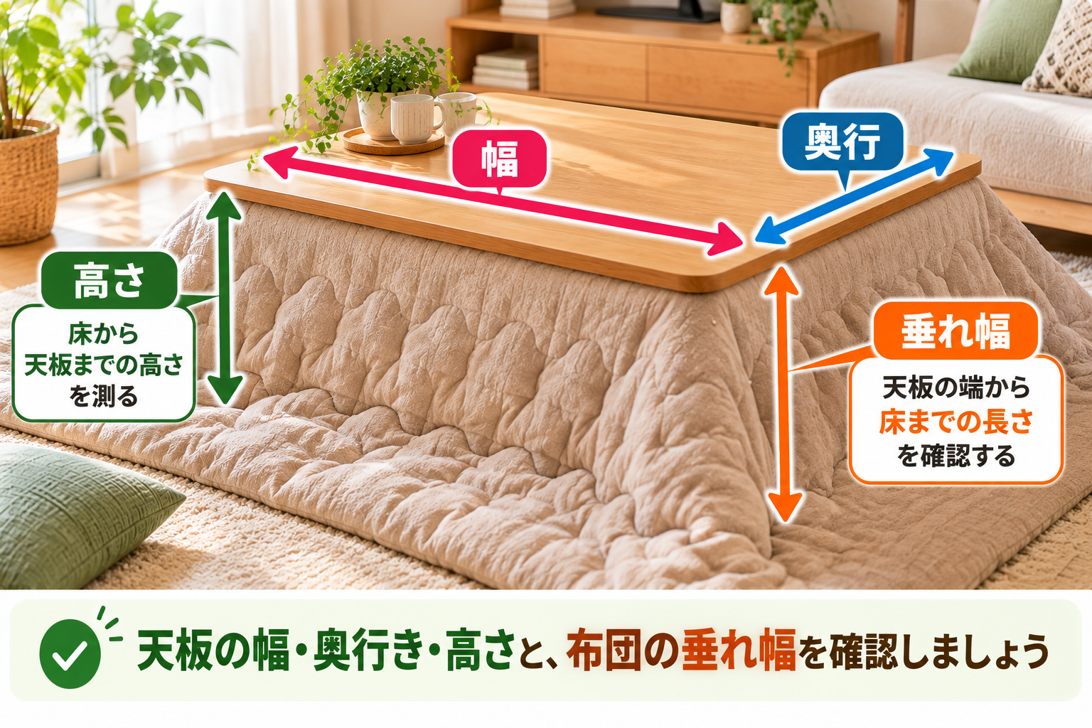 こたつ天板の幅と奥行き、高さと掛け布団の垂れ幅を示す採寸図