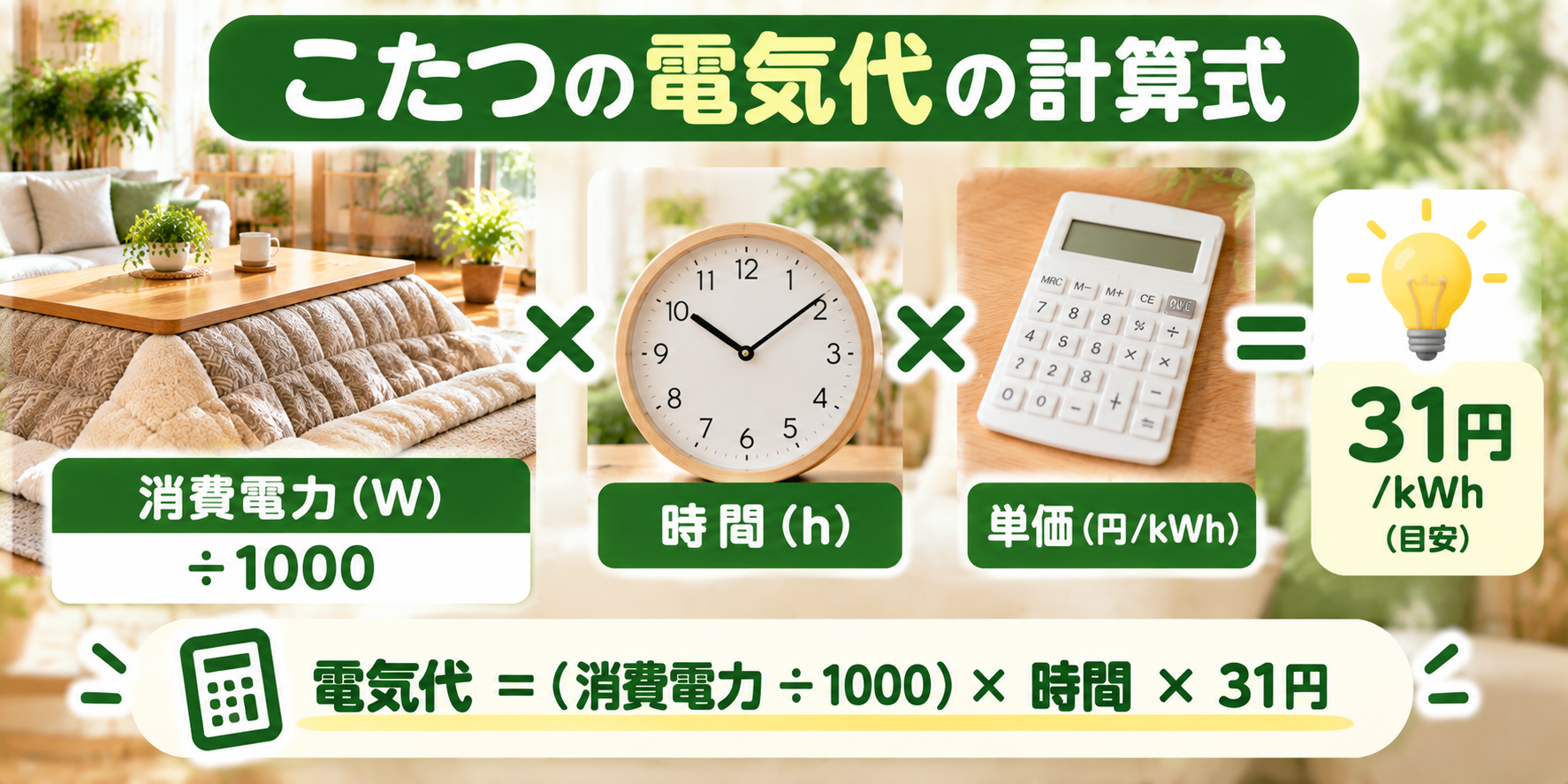 こたつの電気代の計算式を示した図