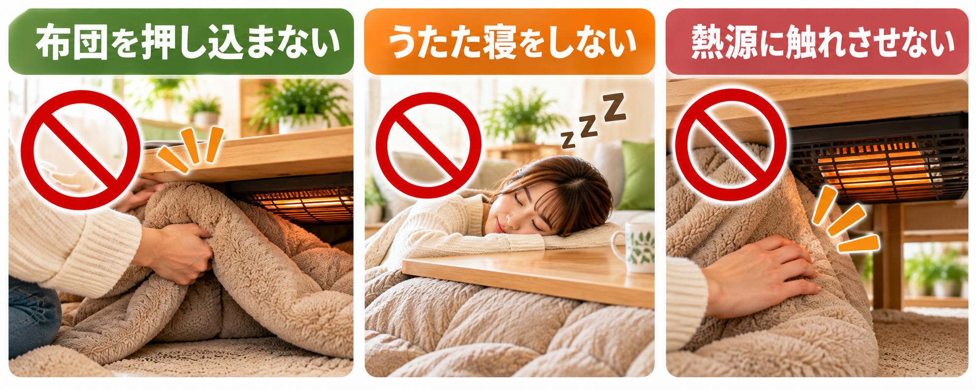 こたつ布団を安全に使うための布団の押し込み・うたた寝・熱源への接触に関する3つの注意を示した図