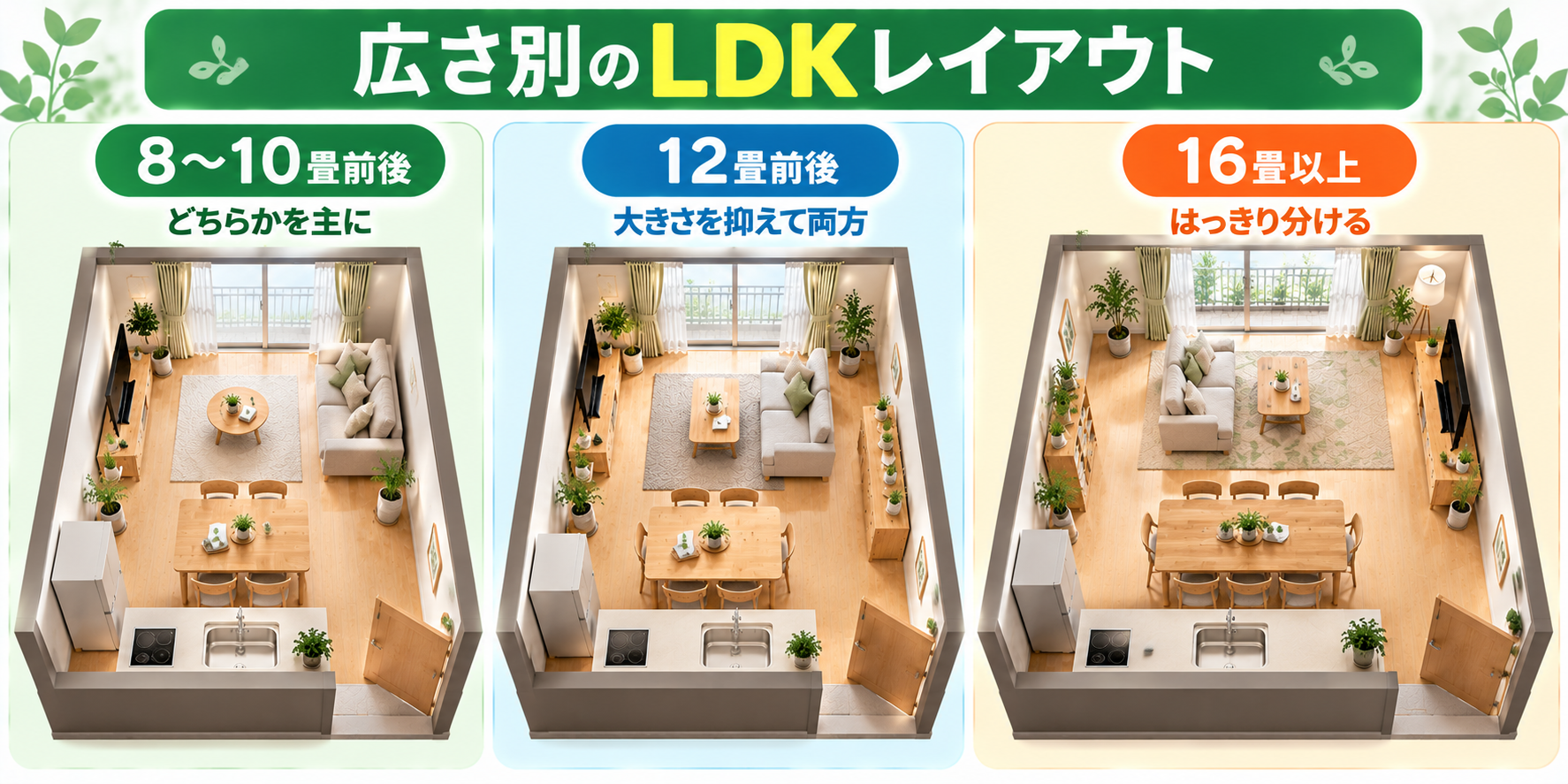 LDKの広さ別にダイニングとリビングの置き方の考え方を示した図