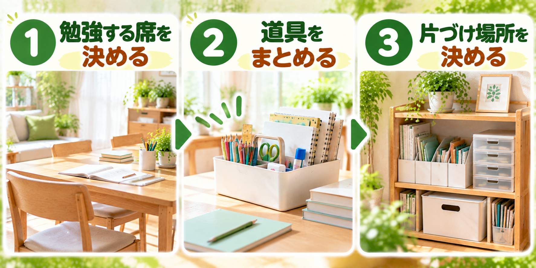 リビング学習を始める3つの手順を示した図