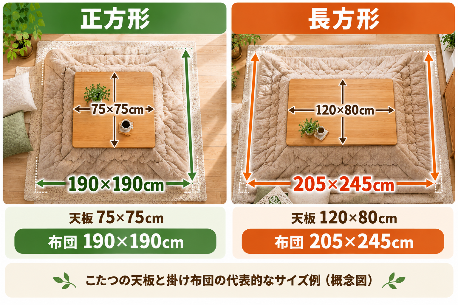 正方形と長方形のこたつ天板に合う掛け布団の代表的なサイズを比較した図