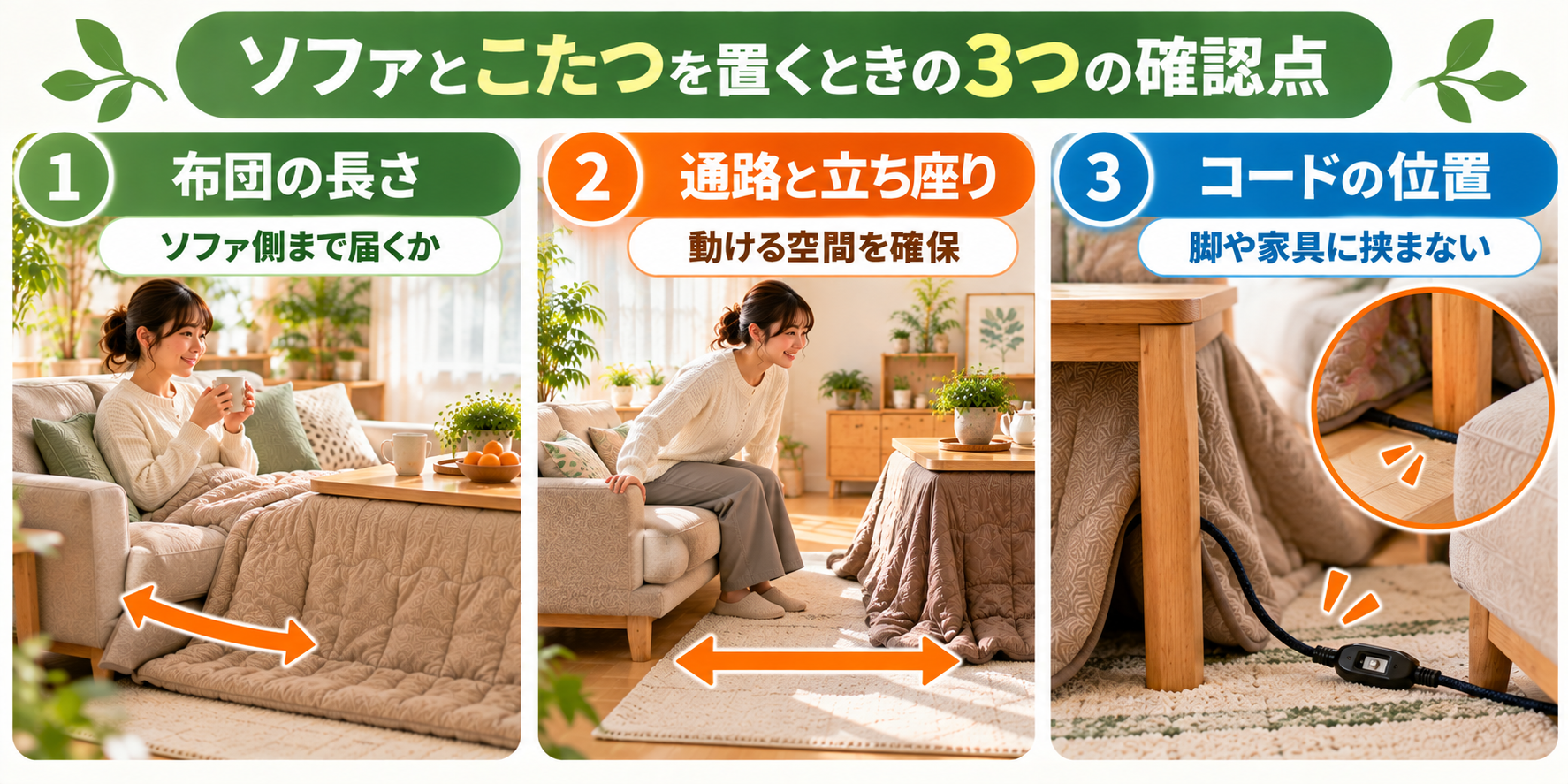 ソファとこたつを組み合わせるときの布団・通路・電源コードの確認点を示した図