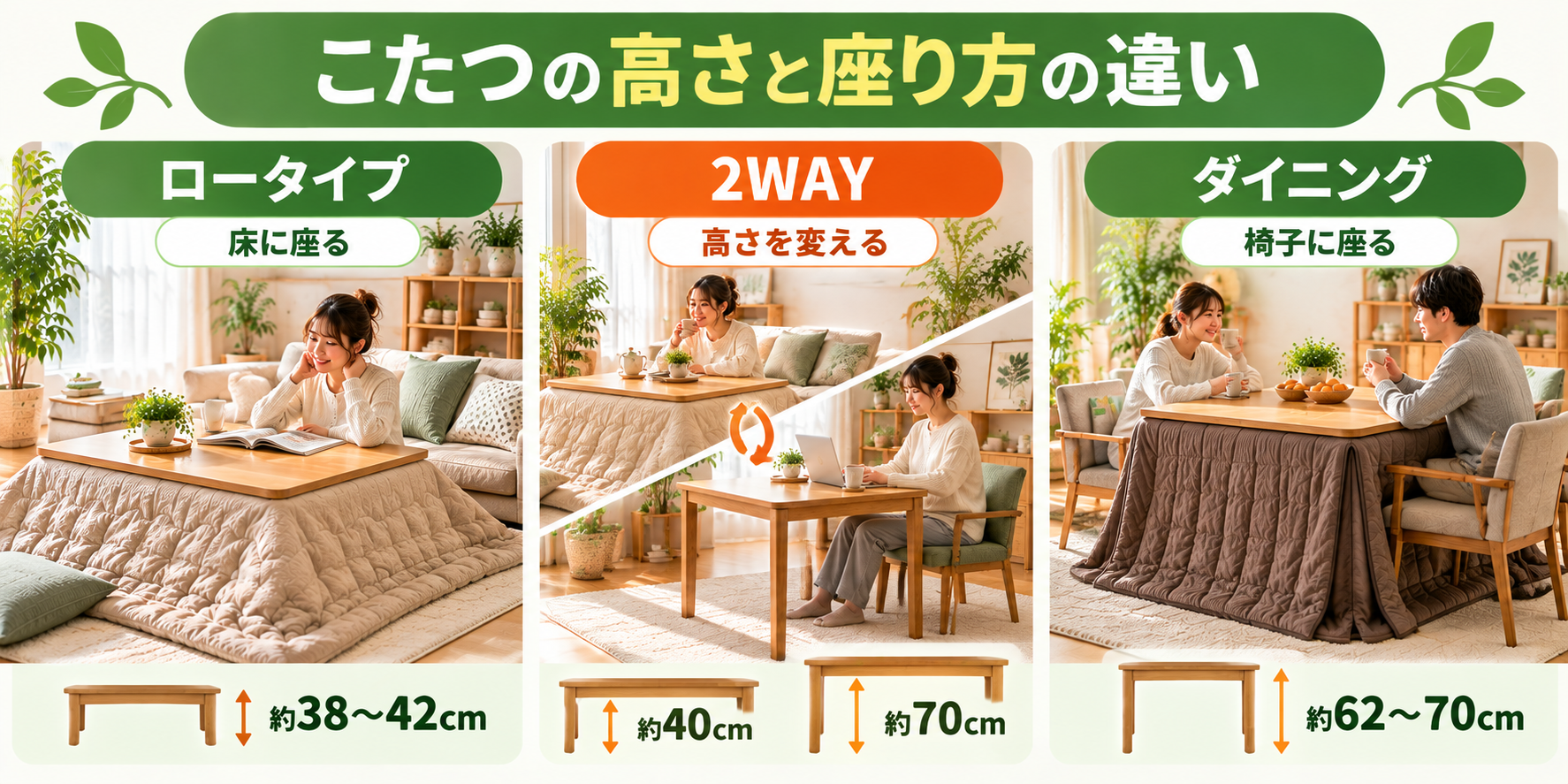 ロータイプ・2WAY・ダイニングこたつの高さと座り方を比較した図